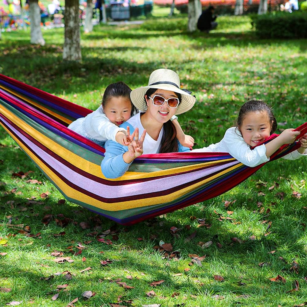 PIRNY Single Cotton Hammock,Hanging Swing Bed,Up to 400 Lbs,incude 20 ft of Tree Swing Straps and 2 Carabiner,for Indoor Outdoor Garden Patio Park Porch(Blue Stripes)