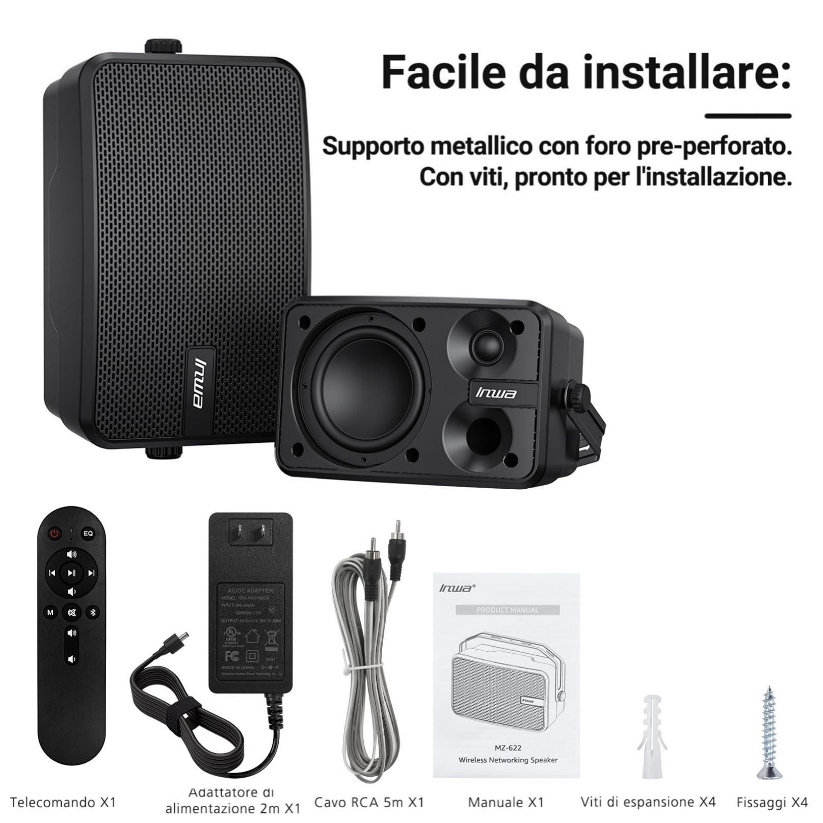 Inwa Cassa Bluetooth Esterno 400W Speaker Parete Attivo-Passivo Sistema Audio Stereo Wireless Impermeabile 2 Pezzi MZ622