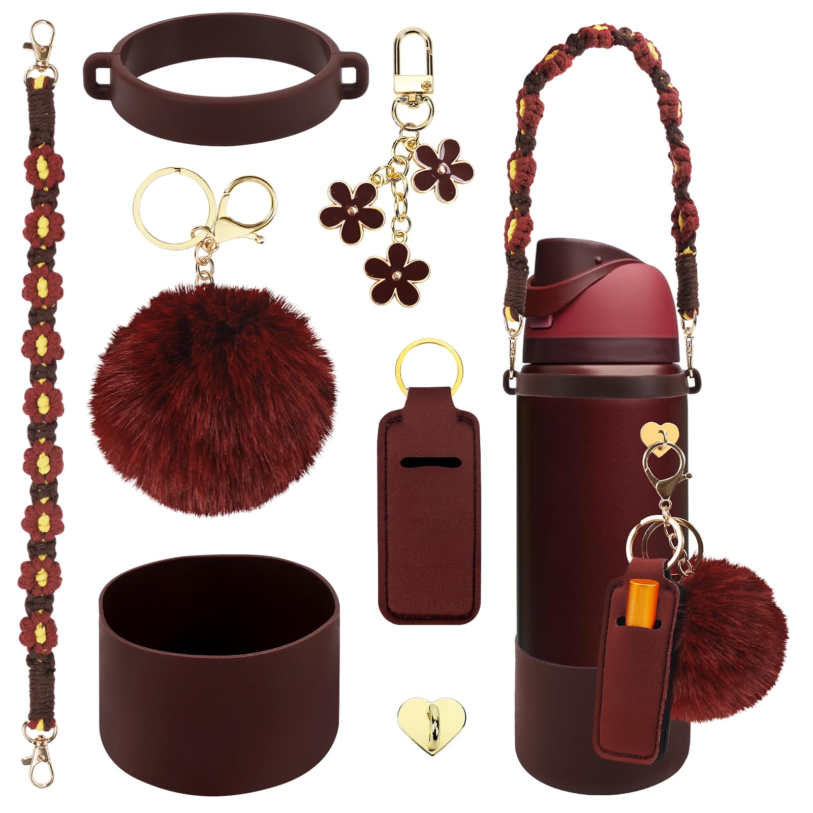 Compatible for Owala Accessories Bundle: Silicone Boot for 24oz & 32oz Bottles, Charms, Handle, Strap, Rubber Bottoms, and Decorative Add-ons for Your Compatible for Owala Water Bottle, Black Cherry โ image 1