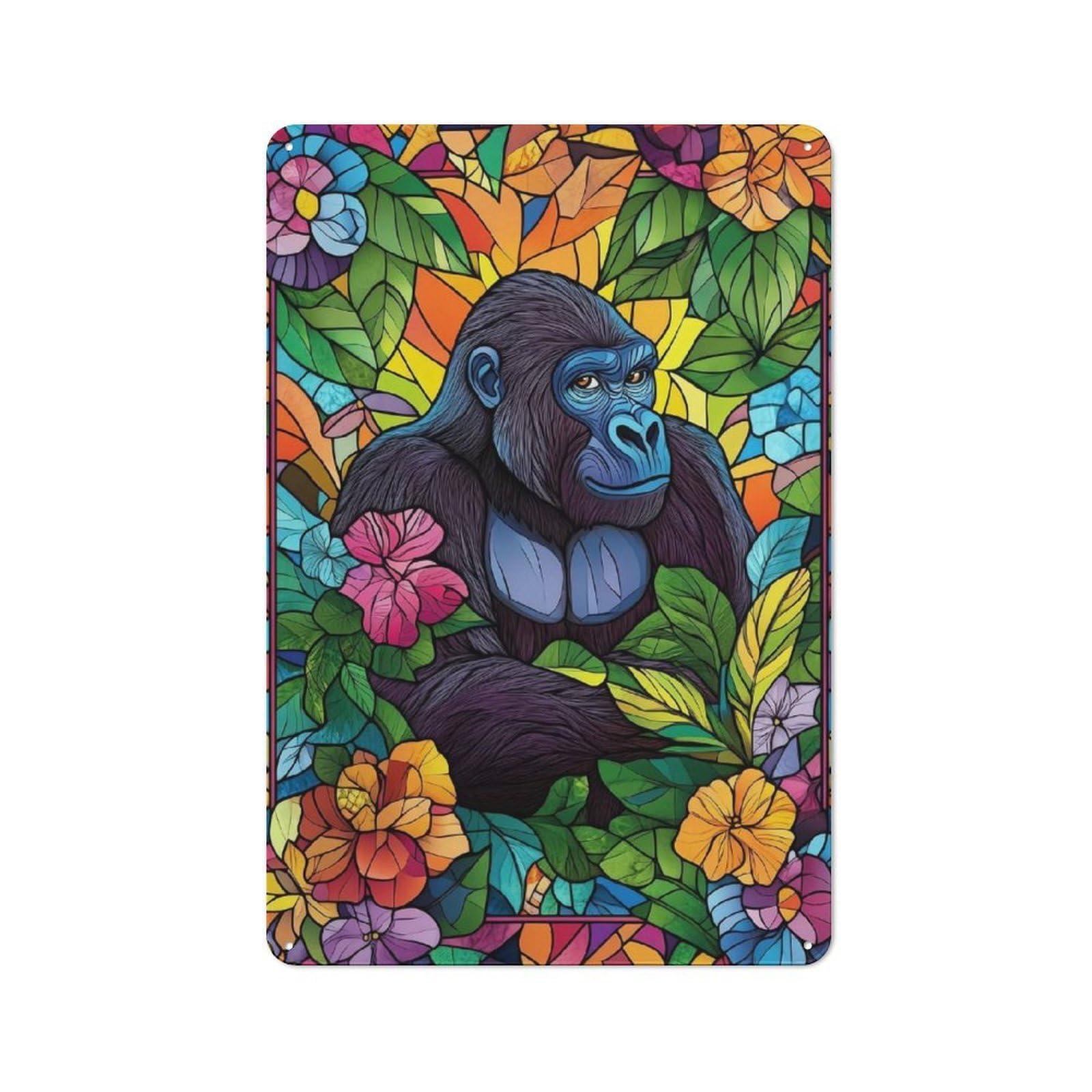 Junmoney Gorilla In Jungle Stained Glass 30X20cm Rustic Metal Sign With For Hobby Room Or Studio, Metal Sign Decor For Hobby Rooms And Studios