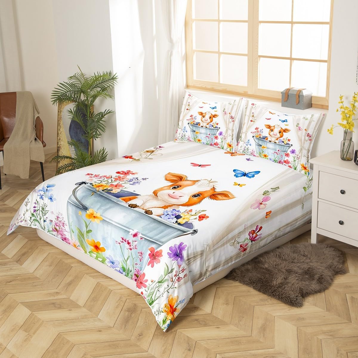 Cute Little Cattle Duvet Cover Set Toddler Size,Butterfly Flower Rustic Bedding Set,Boys Girls Room Decor,Cartoon Bull Cow Animal Farmhouse Comforter Cover,Colorful Quilt Cover,1 Pillowcase(No Filler)