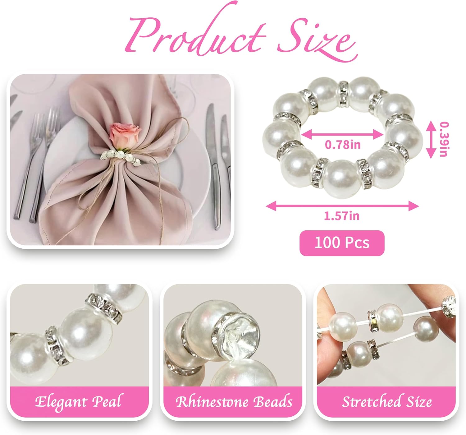 100 Pcs Silver Disposable Napkin Rings Imitation Pearl Ring Napkin Holder Delicate White Beaded Serviette Buckles for Wedding. Party, Family Parties, Engagements, Dinner Table Decor and Daily Use