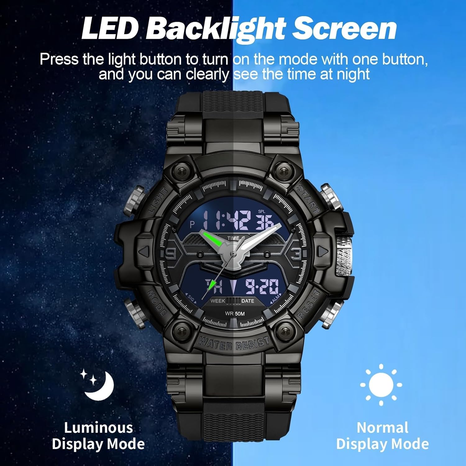 findtime Digital Watches for Men Tactical Sports 5ATM Waterproof Watch Digital Large Face LED Backlight Wristwatch Stopwatch Alarm Tactical Electronic Watch - Image 4