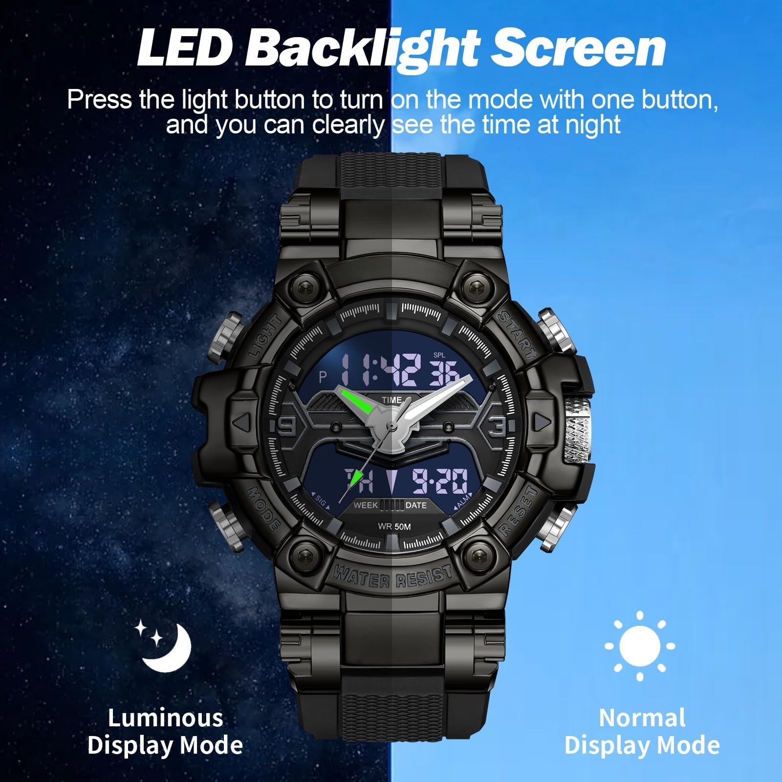 findtime Relojes digitales militares para hombre, reloj deportivo resistente al agua, esfera grande, retroiluminación LED, reloj de pulsera de 8 colores, cronómetro, alarma, reloj electrónico táctico