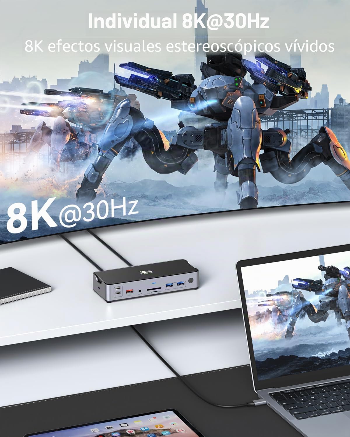 Estación de carga USB C con fuente de alimentación, 65 W, 1 m, 2 HDMI DP 8 K, pantalla 15 en 1, doble monitor, estación de acoplamiento triple, estación de acoplamiento 4K, DisplayPort 10 Gbps, USB