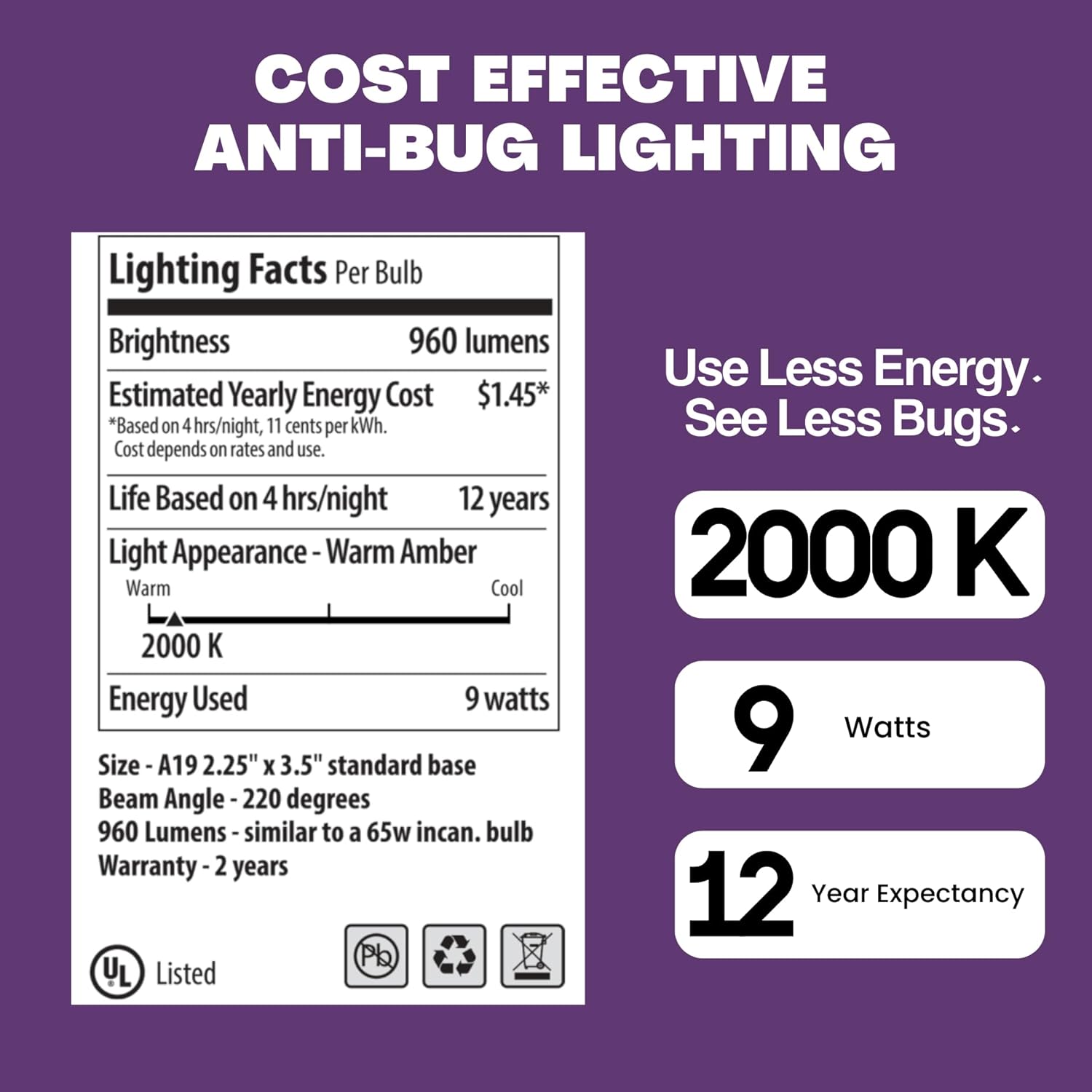 Norb Bug Lite - Bug-Reducing LED Light Bulb, Anti-Bug Outdoor Amber Light for Patio, Porch & Camping, E26 Base, A19, 9W, Energy-Efficient, Superior Technology Than Insect-Repellent, Bug-Free (4-Pack)
