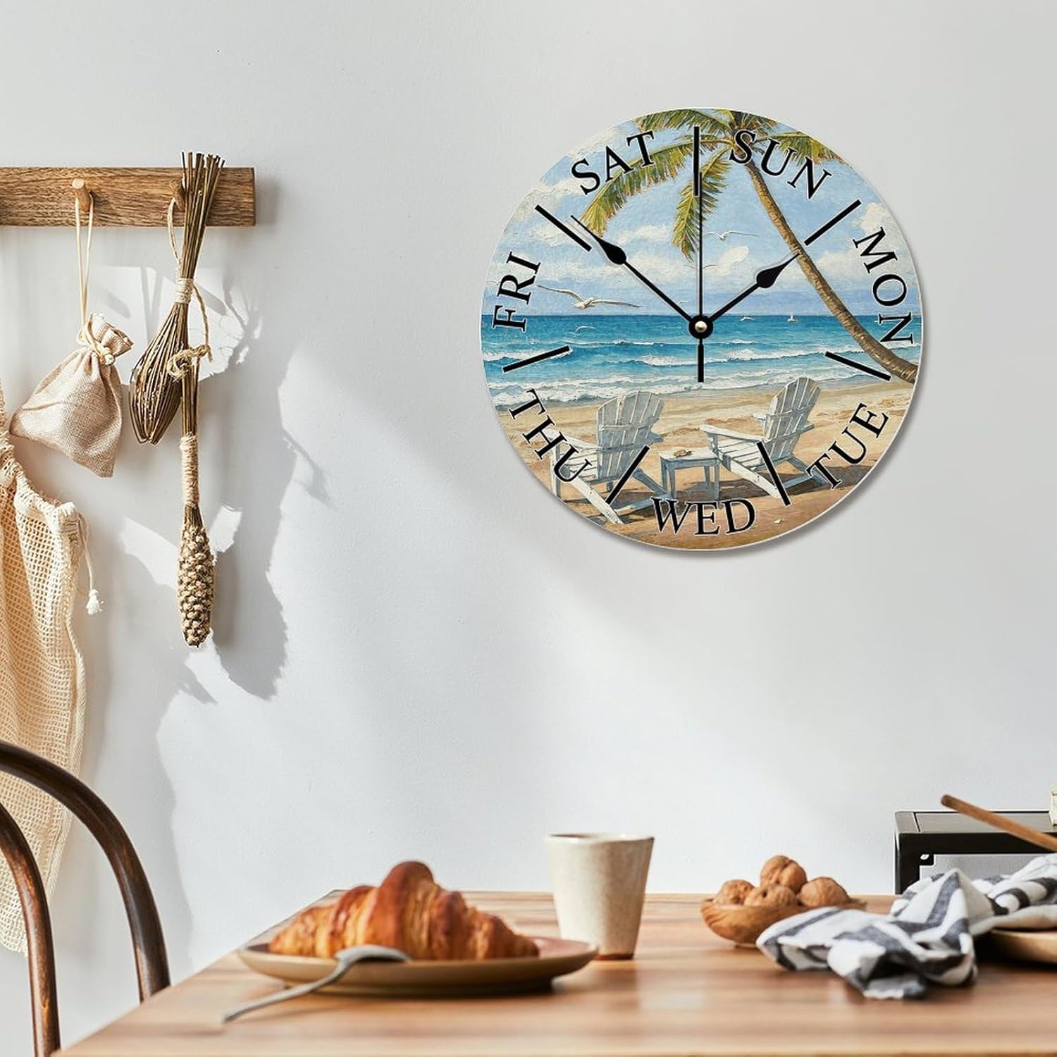 ArogGeld Coastal Beach Themed Wall Clock Day of The Week Large Wooden Wall Clocks Battery Operated 12 Inch Quiet Non-Ticking Retirement Gift Modern Wall Decor for Living Room Kitchen Bedroom