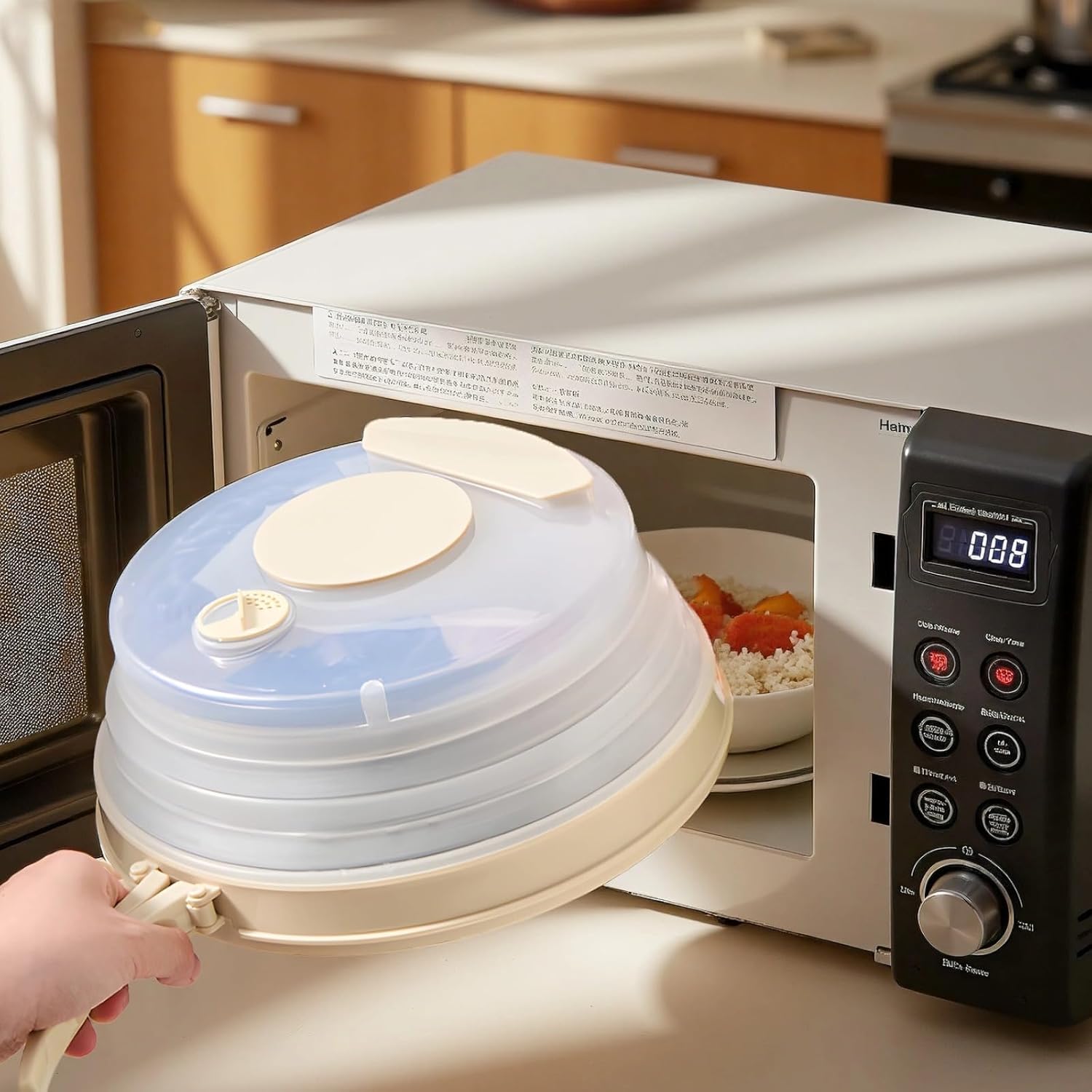 Vented Food Guard Lid, Microwave Splatter Cover with Anti-Scald Handle, Keeps Food Moist, Foldable for Space-Saving Storage, Beige