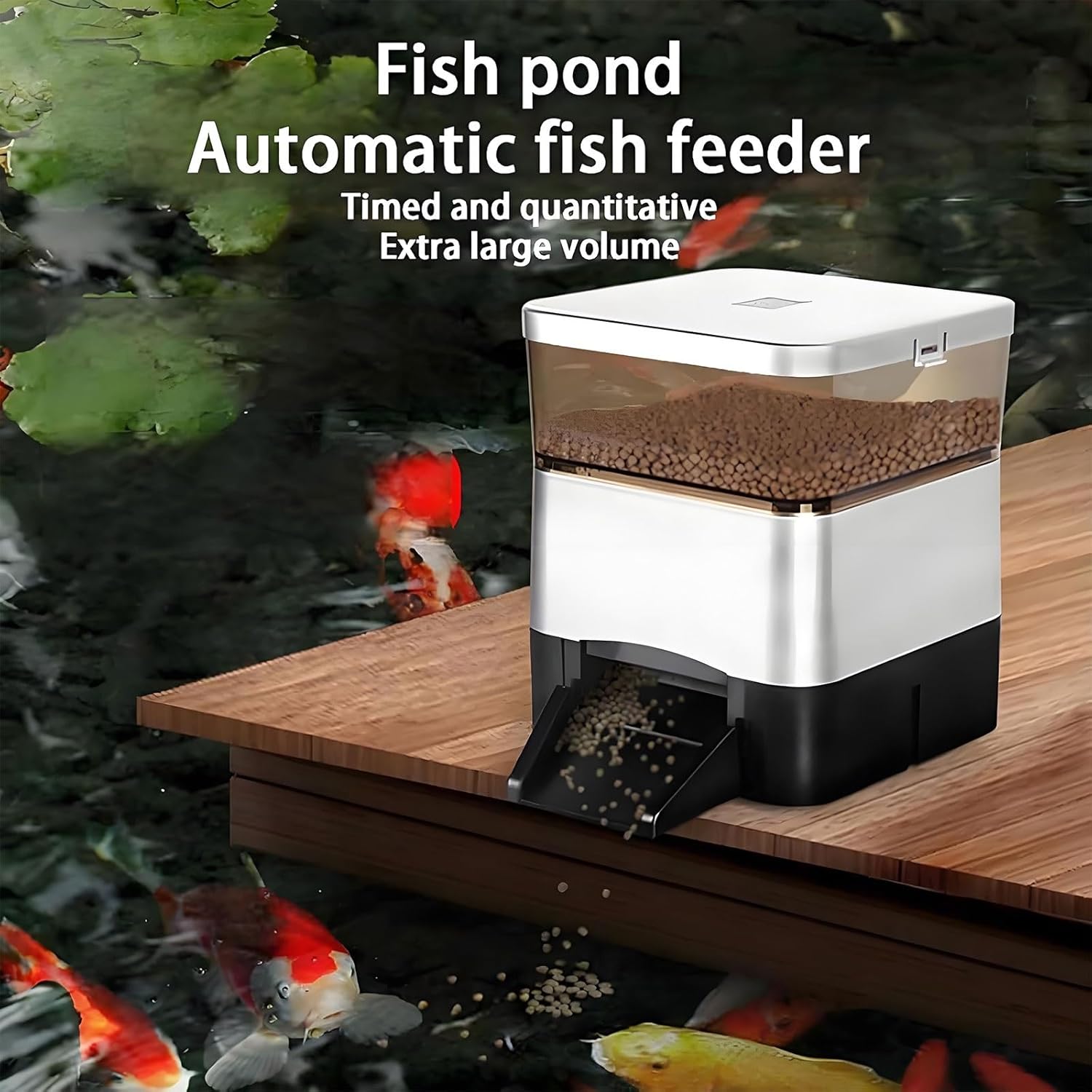 Automatic Fish Feeder for Pond Solar Powered 10L Capacity Adjustable Auto Fish Food Dispenser with Timer Moisture-Proof for Vacation, Weekend Or Daily Use(Black)