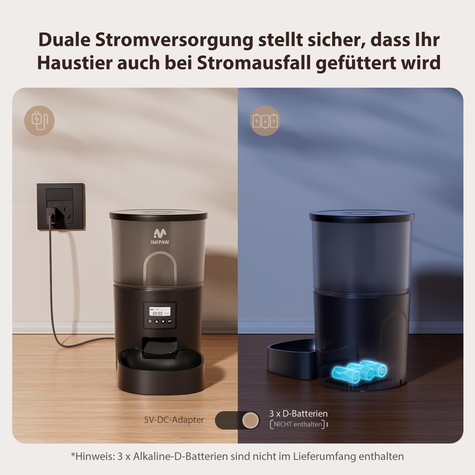 IMIPAW Futterautomat Katze, Katzenfutter Automat mit Programmierbarem Timer, Einfache Bedienung, 1-6 Mahlzeiten pro Tag, Futterspender für Katzen und Hunde (Schwarz, 3L)