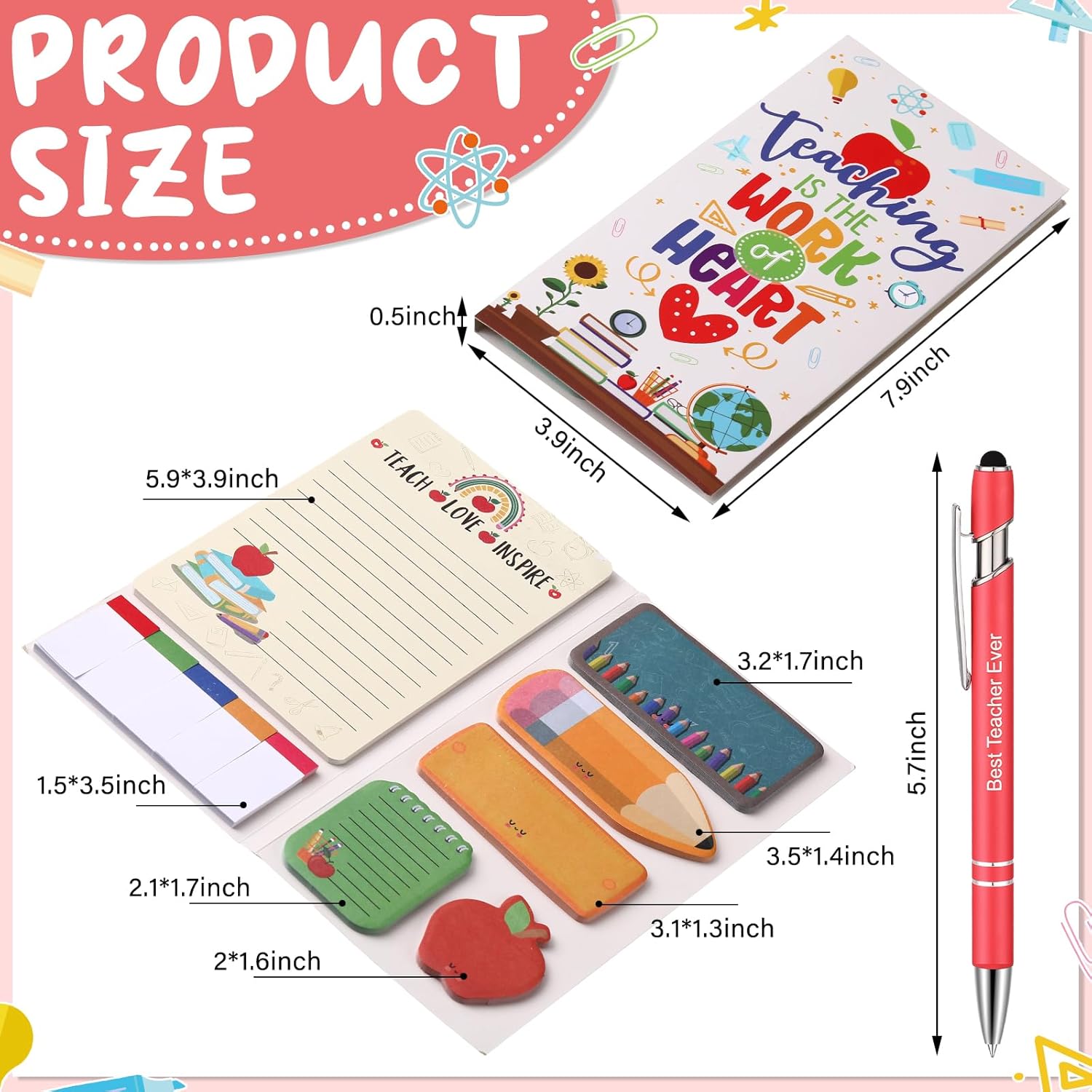 Jetec 4 Sets Teaching is a Work of Heart Sticky Notes Set Funny Teacher Sticky Note with Pen Ruler Blackboard Pencil Apple Shape Self-Stick Note for School Office Teacher's Day Appreciation Gifts