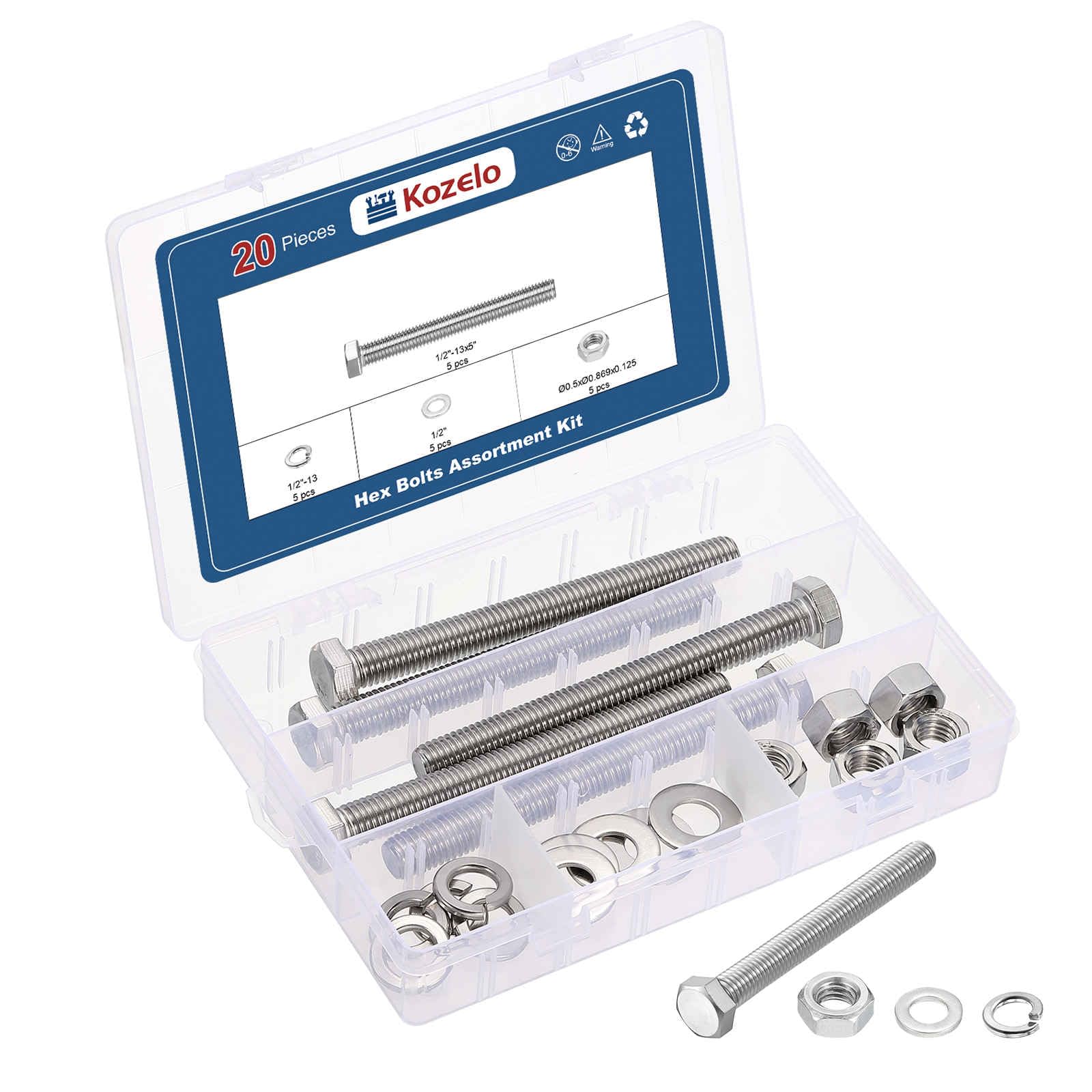 Kozelo 20 Pcs Bolts and Nuts Washers Kit - [1/2"-13x5"] 304 Stainless Steel Hex Tap Bolt Assortment Fully Threaded Hexagon Head Machine Bolts Right Hand External Hex Drive, Silver Tone — image 1