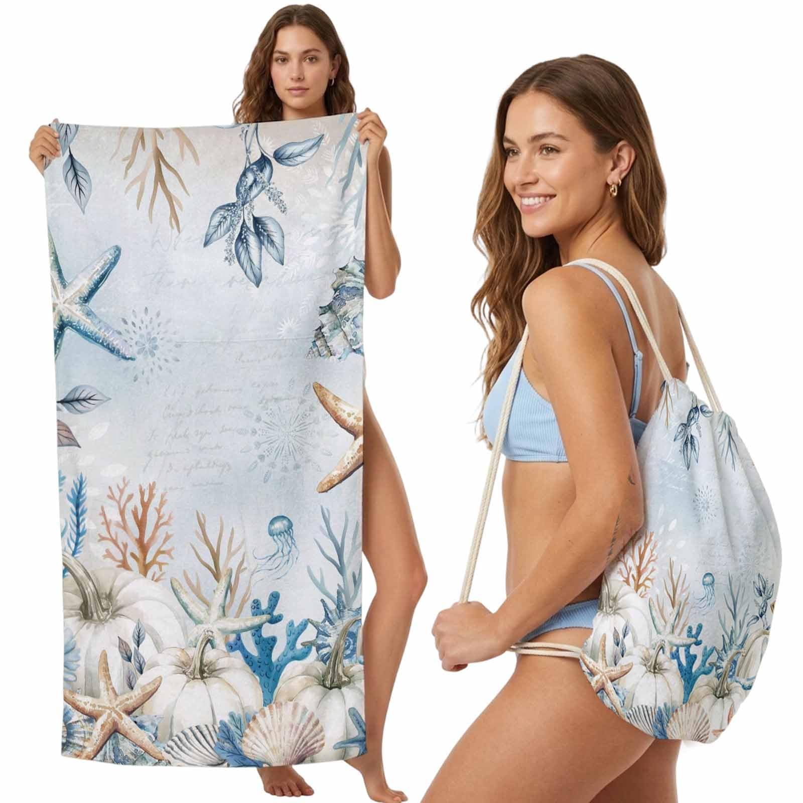 2-in-1 Beach Towel Backpack,Fall Thanksgiving Pumpkin Ocean Starfish Bath Towel with Built-in Storage Coastal Coral Shells Convertible Foldable Beach Blanket for Travel Pool Gym Camping Swim,31x63in