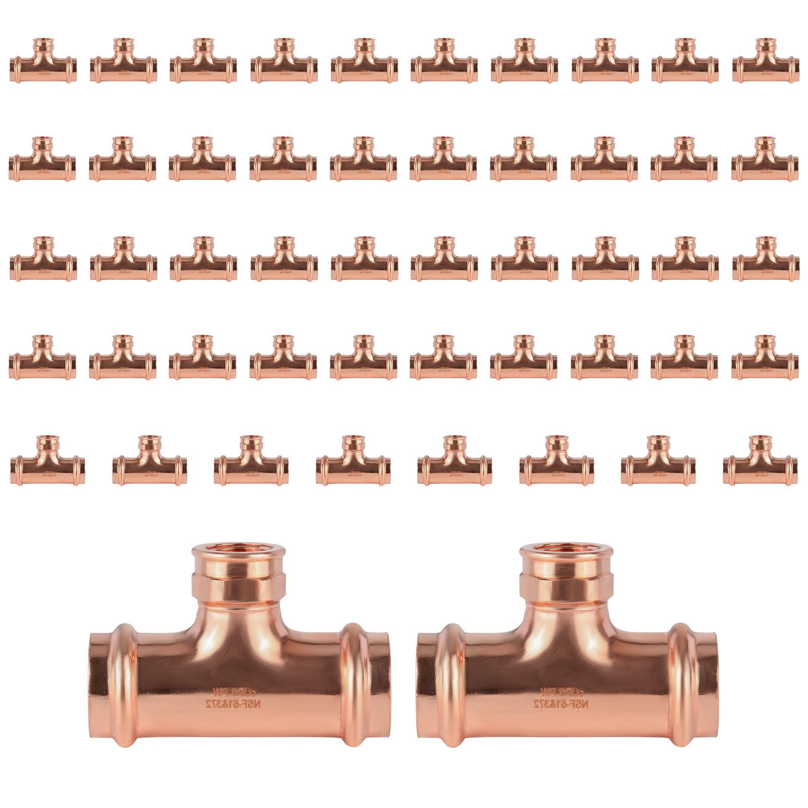 Paquete de 30 Conectores en T Hembra de Cobre prensado GUOFIS, 2" x 2" x 3/4" (P x P x FPT) con Rosca Hembra para tuberías de plomería.