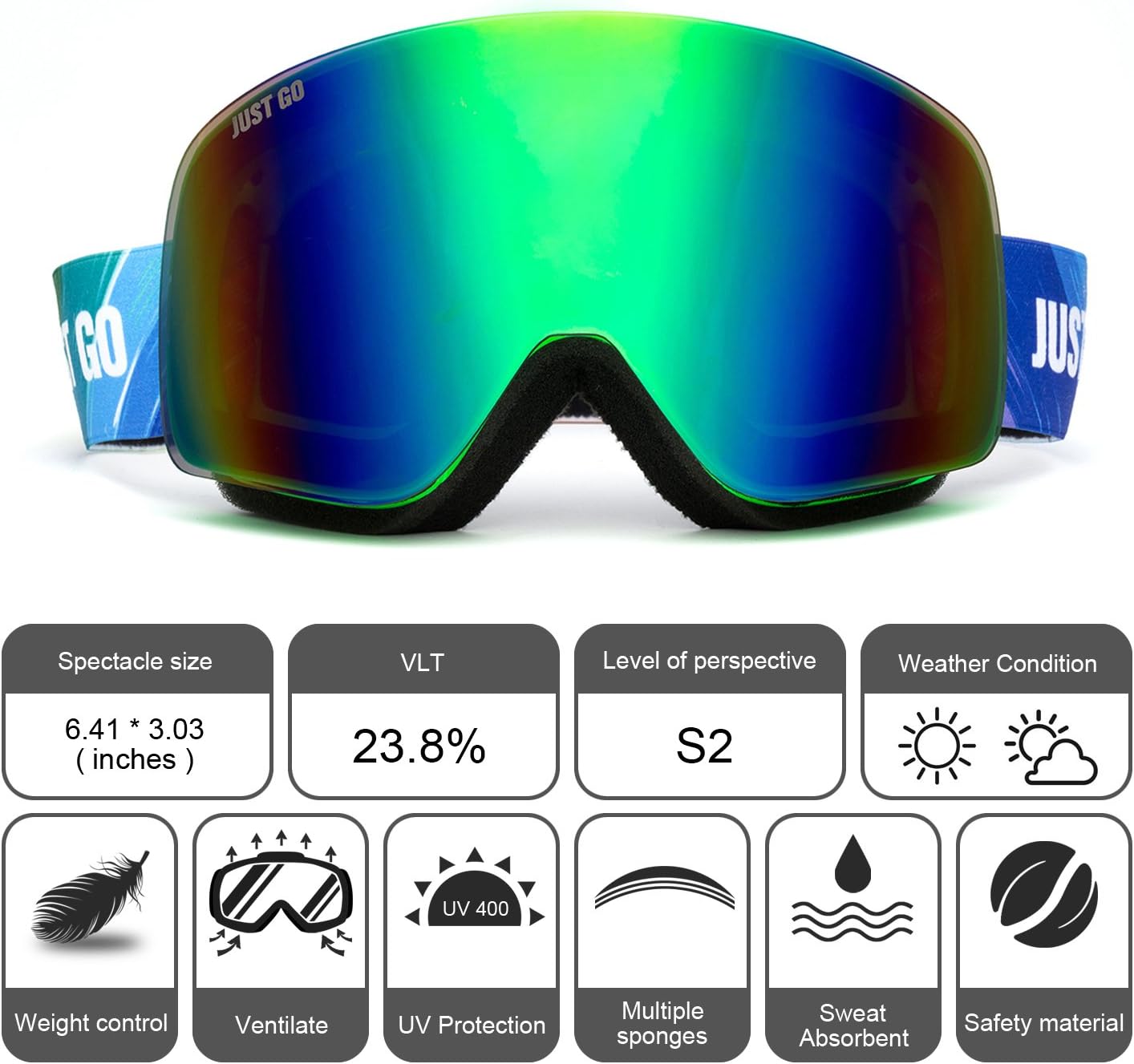JUST GO Ski Goggles for Skiing Dual-Layer Anti-Fog 100% UV Protection lens Snowboard Goggles