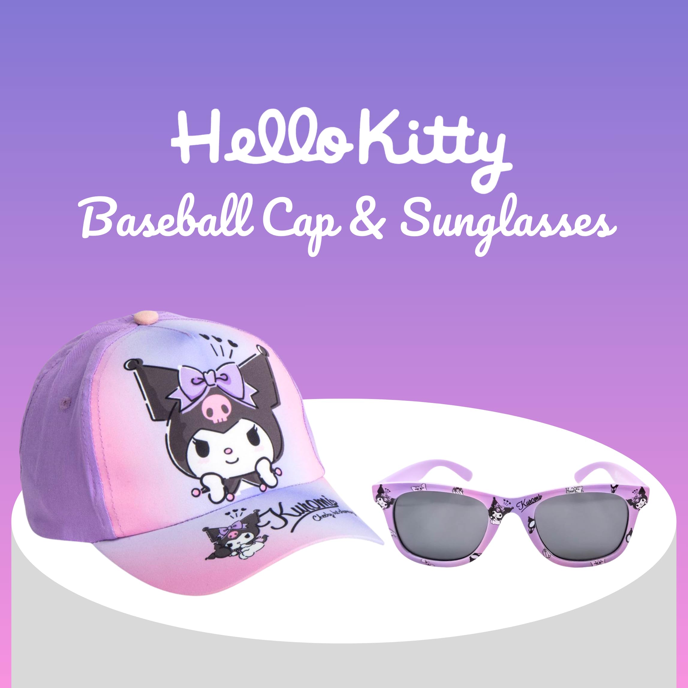Hello Kitty Kuromi Gorra y Gafas de Sol para Niñas, Gafas de Sol Protección UV, Gorro de Beisbol Infantil