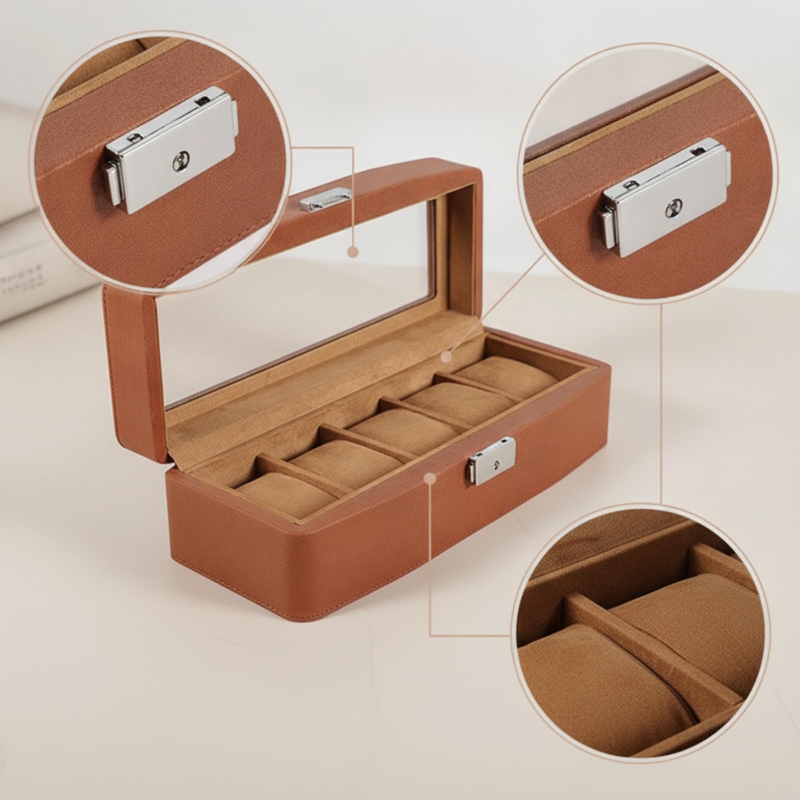 Perfeclan Caja Expositora de Relojes Organizador Estuche Vitrina con Ventana de Exhibición y Seguro Metálico Forro Aterciopelado y Cojines Separadores Adecuada para Vitrina Estante Colección, Marrón