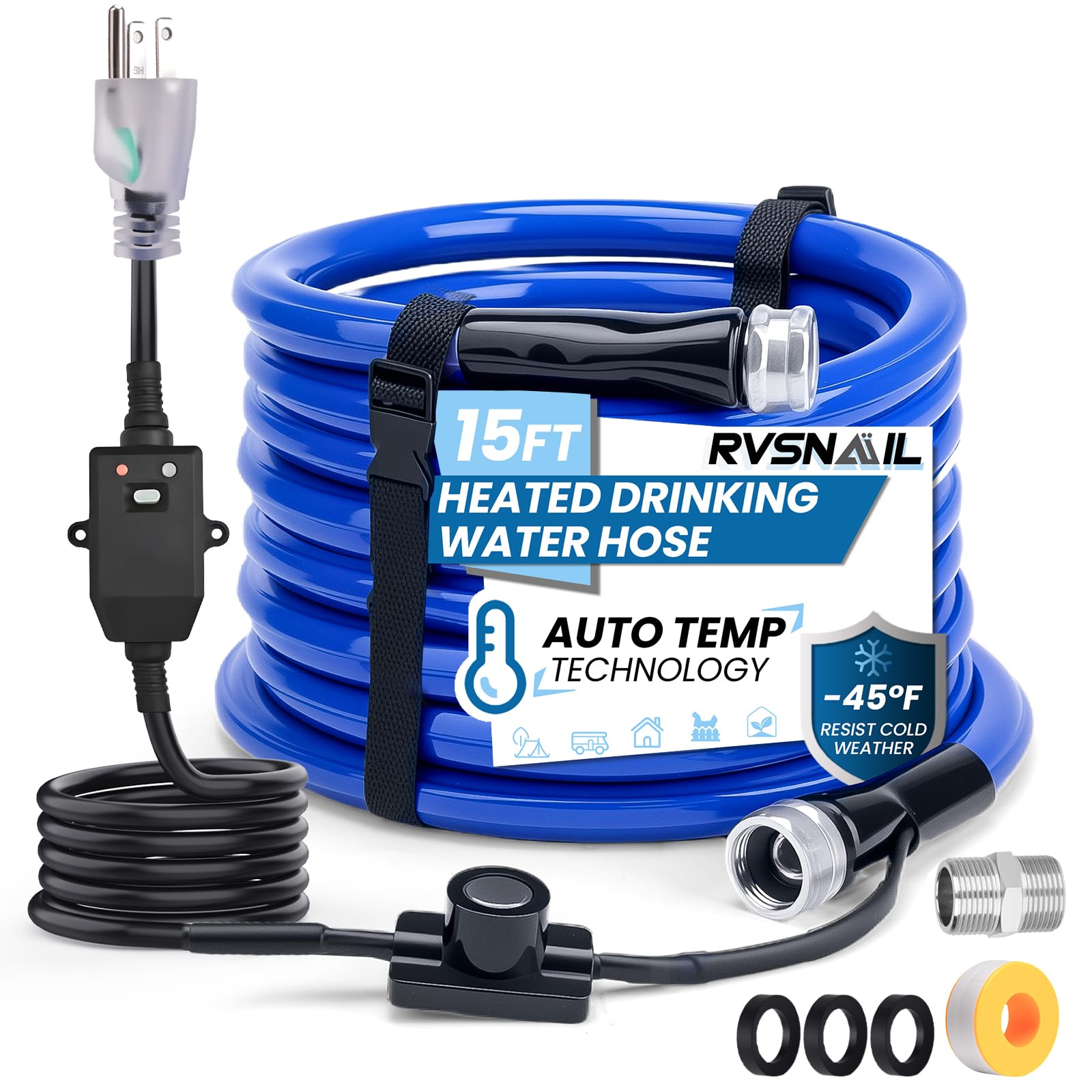 15FT Heated Water Hose for RV, Heated Drinking Water Hose Freeze Protection Down to -45°F, Lead and BPA Free, Smart Temperature Control, Ideal for RV, Camping, and Home