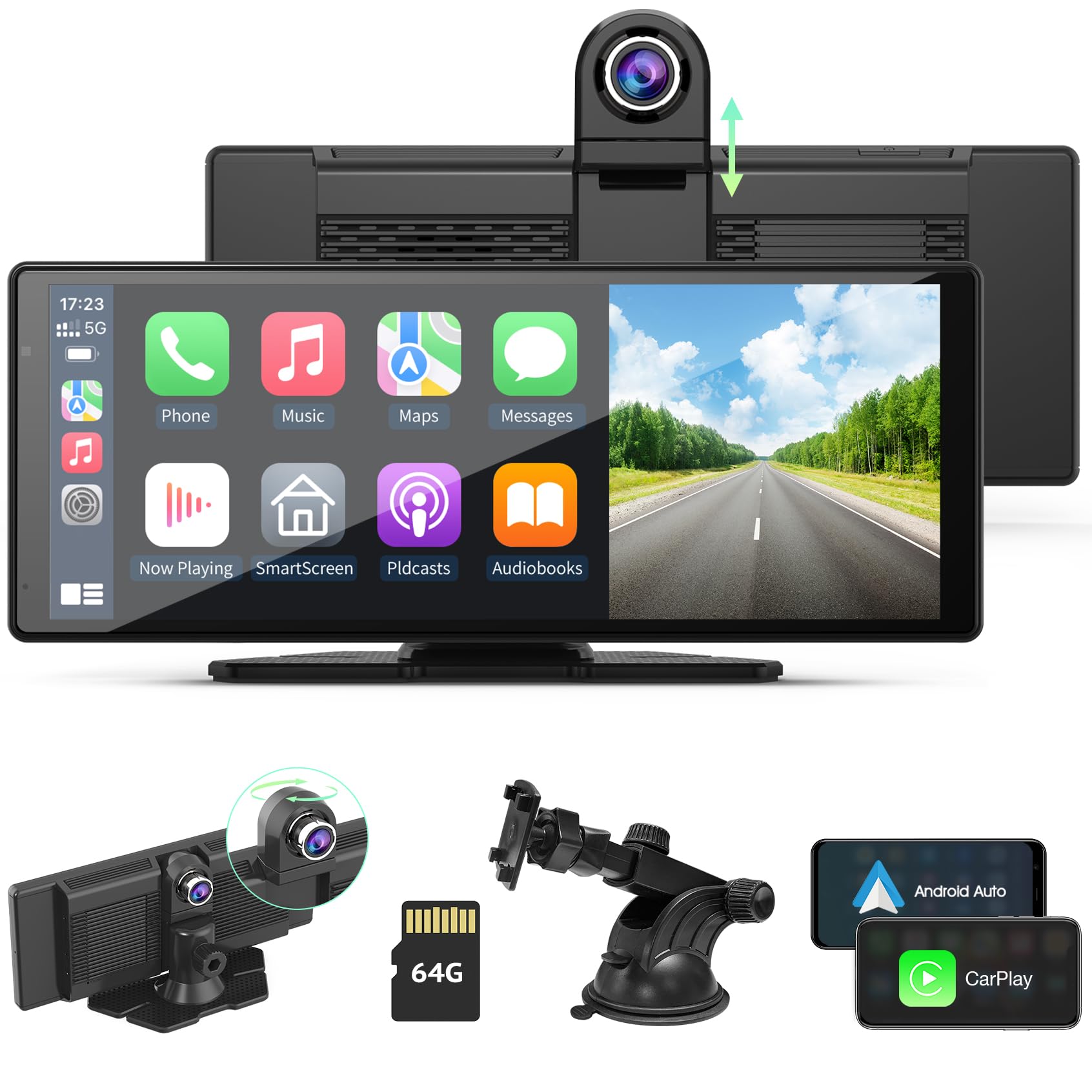 aphqua2024 Wireless Protable Carplay &Android Auto,Portable Carplay Screen,9.3'' Touch Screen Android Auto,2.5K Dash Cam,Drive Mate Carplay Box with Mirror Link/Siri/FM/Bluetooth for All Models