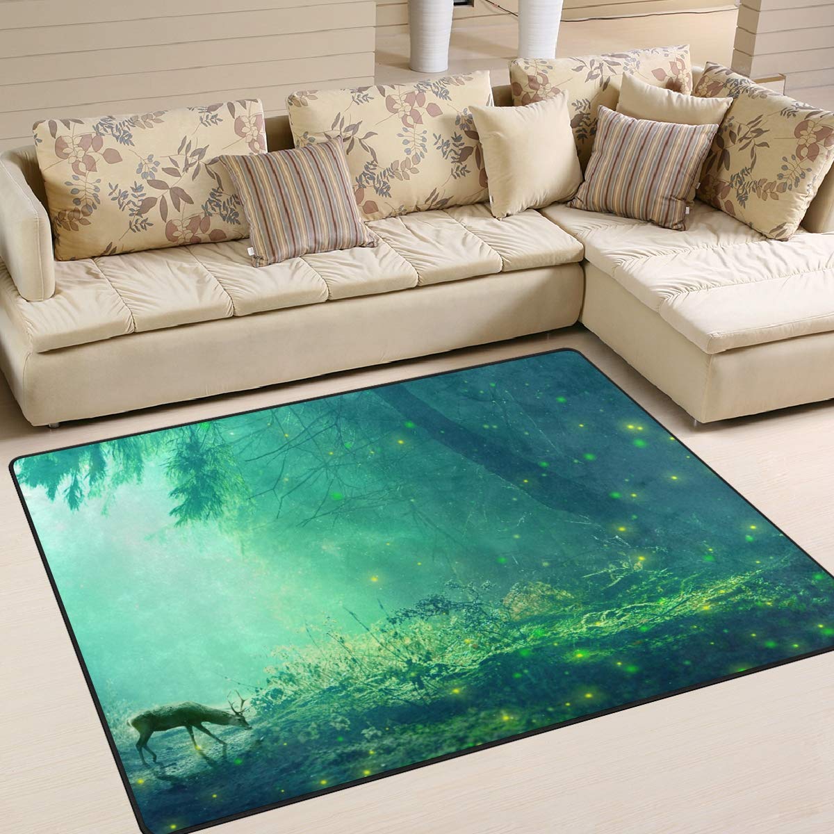 Mysterious Forest Elk and Glowworm Area Rug Easy Clean Stain Fade Resistant Living Room Carpet Comfy Bedroom Home Decorate Floor Kids Playing Mat