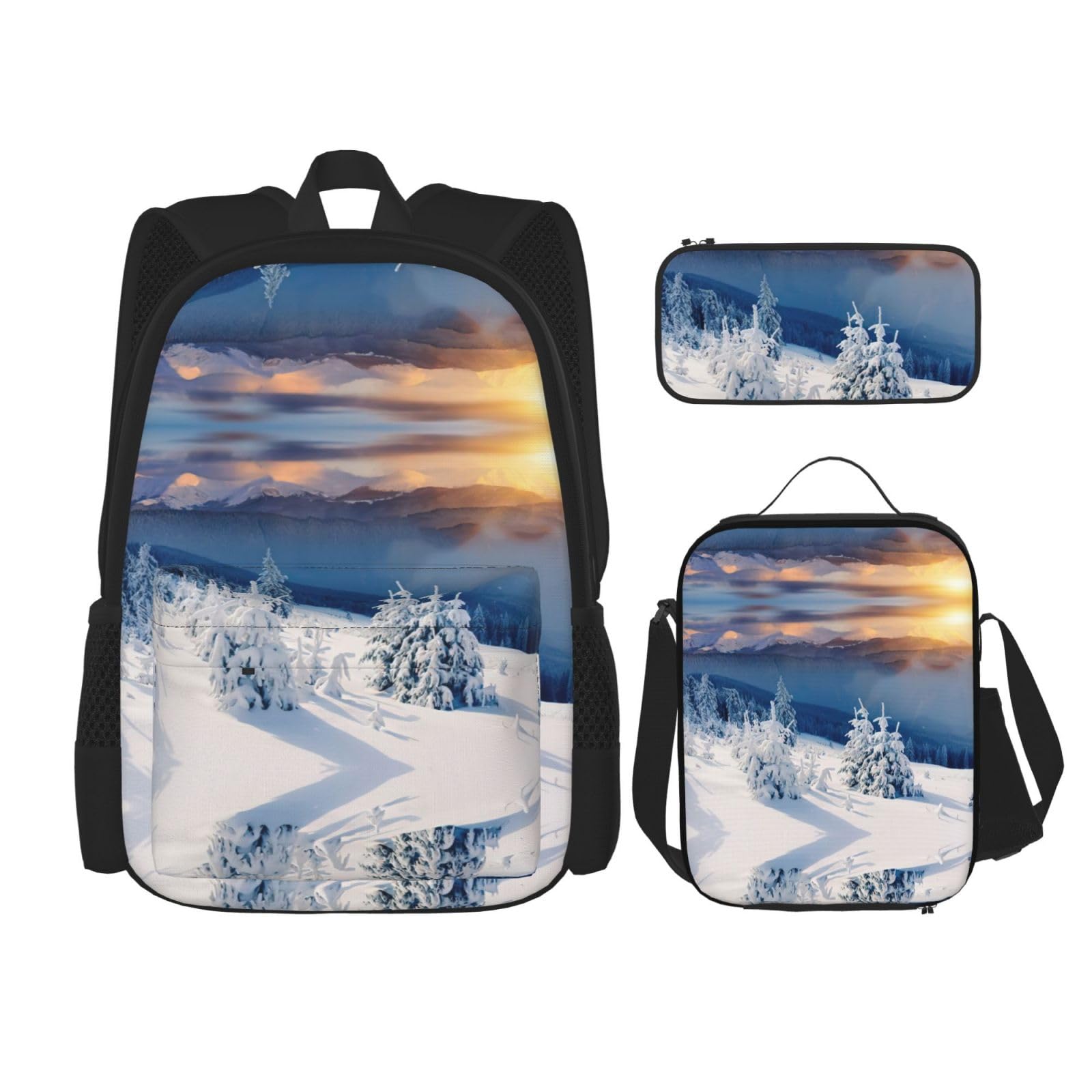 Juego de 3 mochilas escolares con estampado de atardecer y montañas de invierno, mochila para laptop resistente al agua con bolsa de almuerzo aislada y estuche para lápices para adolescentes
