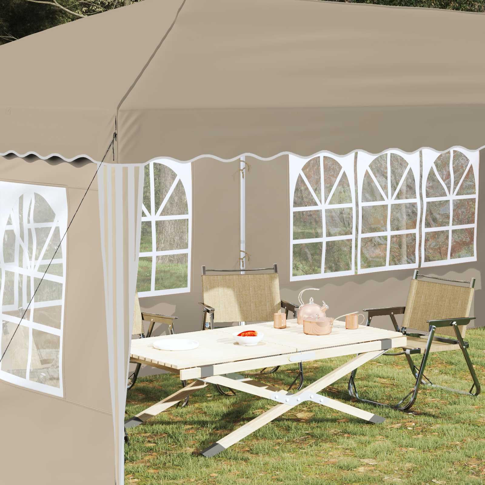 Namiot imprezowy Pop-up 575 x 289 x 245 cm, kremowy, składany, z malowaną proszkowo stalową ramą, odporny na warunki atmosferyczne, odporny na działanie promieni UV, z 4 częściami bocznymi