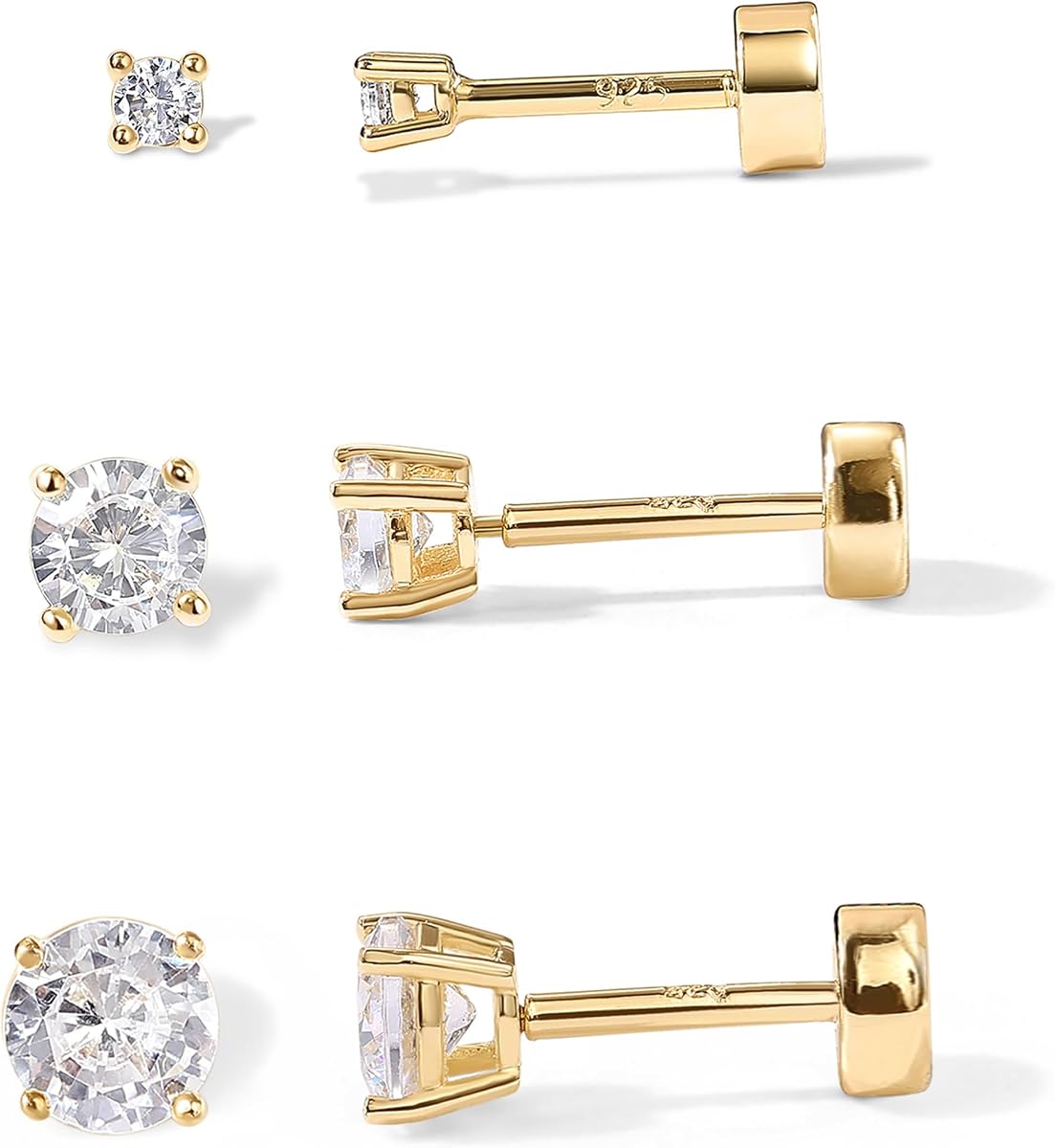 Flat Back Stud Earrings for Women, 14K Gold Plated CZ Cartilage Studs