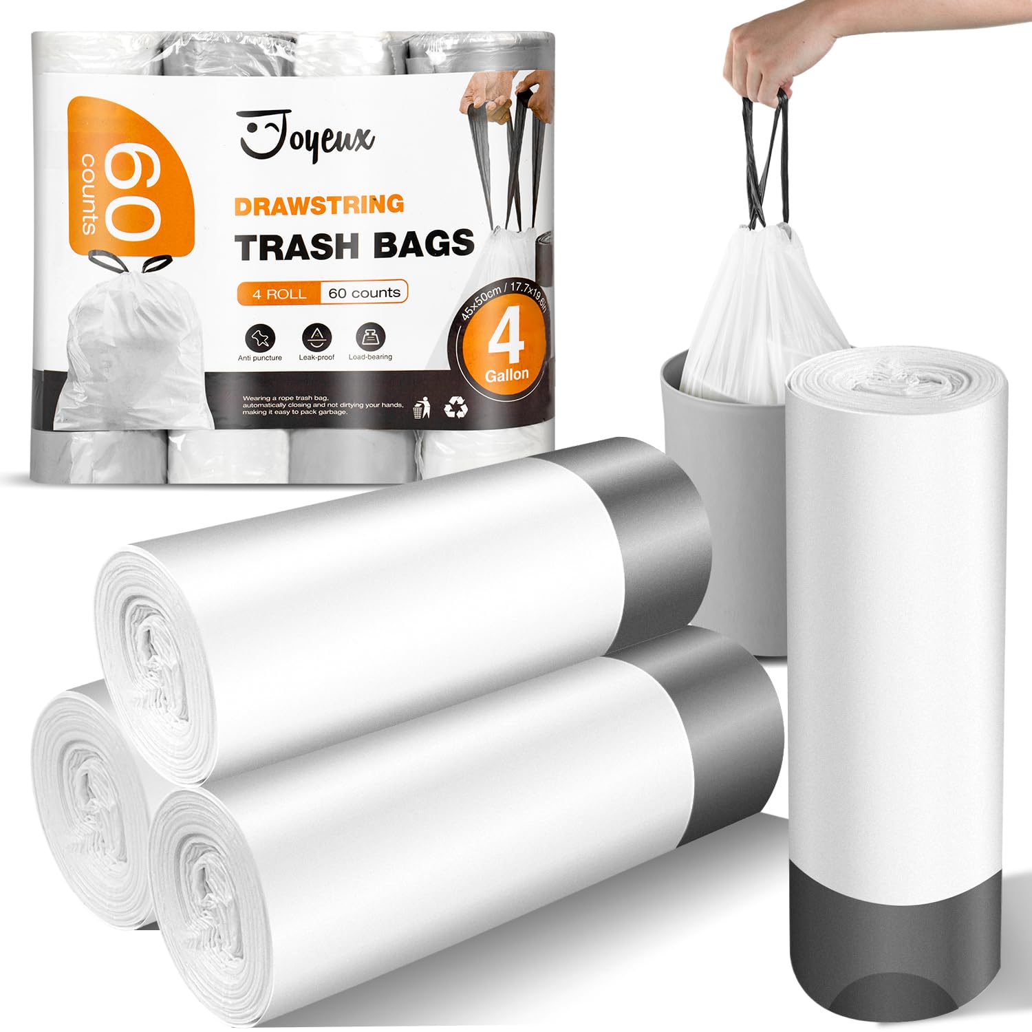 Small Trash Bags 4 Gallon - 60 Count Drawstring Unscented Small Garbage Bags, White Trash Can Liners for Bathroom, Bedroom, Office