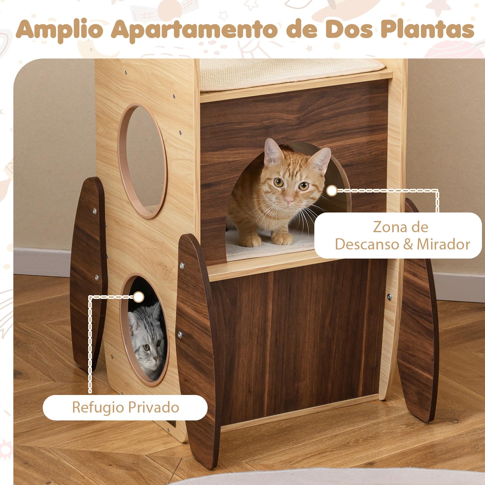 COSTWAY Árbol Rascador para Gatos en Forma de Cohete, Torre para Gatos de Madera con Condominio de 2 Plantas, Percha Superior, Rascador de Sisal, Plataforma Acolchada, Bola Colgante, Natural y Blanco