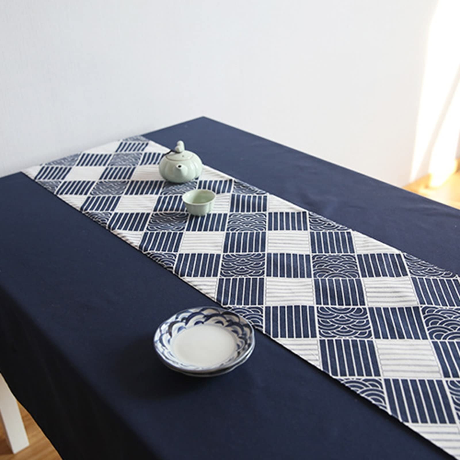 WXKAGF Runner da tavola Runner da tavola a griglia Lavabile Blu Bianco Un eyecatcher in Primavera Estate Runner da tavola in Cotone e Lino 30 x 180 cm