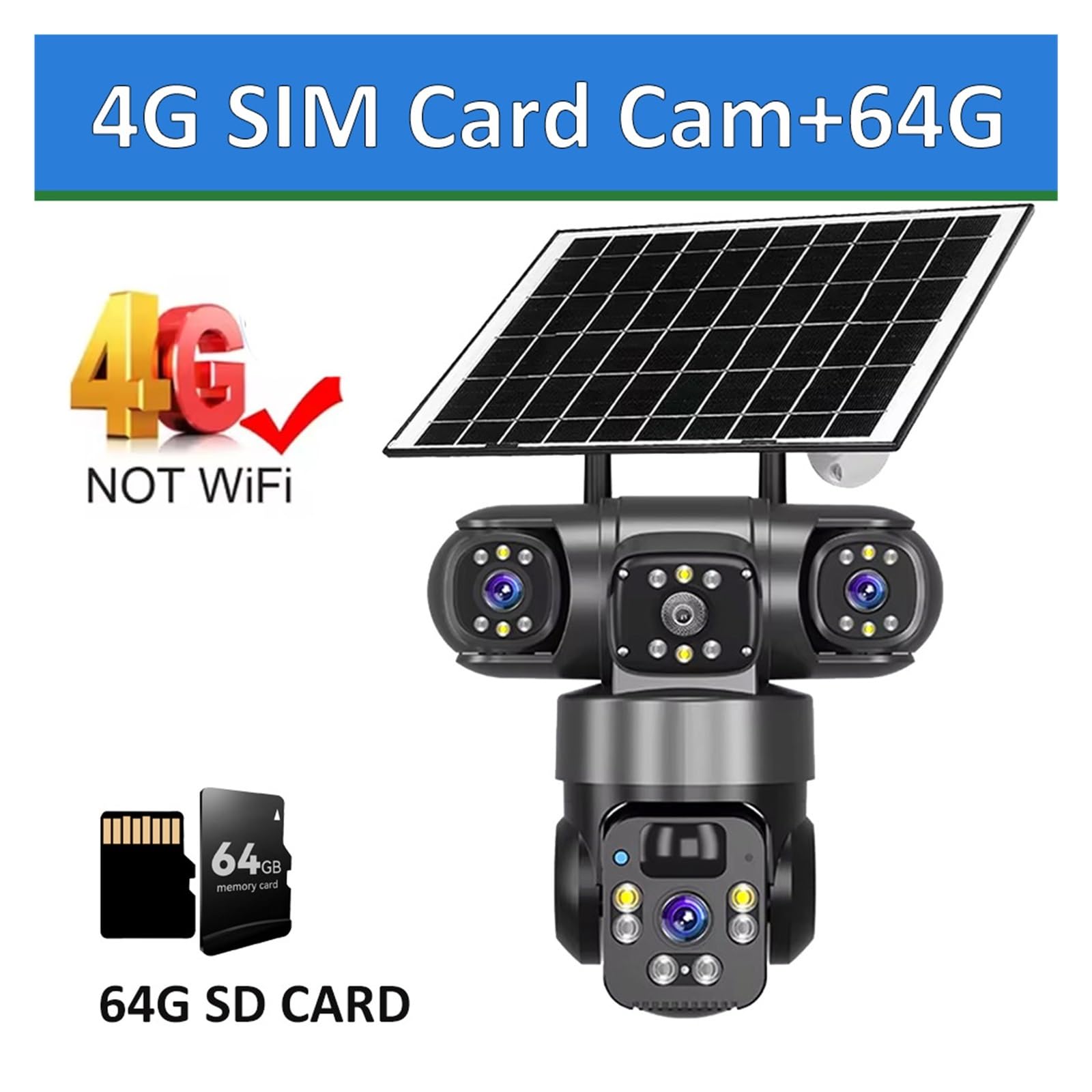 Telecamera PTZ Solare V380 6K Triplo Schermo 4G WiFi Impermeabile Sorve | Doppia Rete 4G SIM E WiFi, Funziona Senza Rete Domestica Per Sorveglianza Aree Isolate(4G Cam 64G Card)