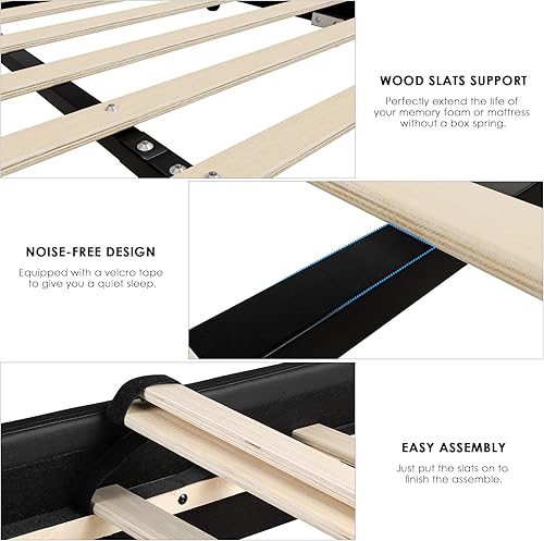 Miniatura 7 de TTVIEW Base de cama tapizada de piel sintética moderna con decoración de metal de hierro cabecera curvada ajustable soporte de listones de madera no