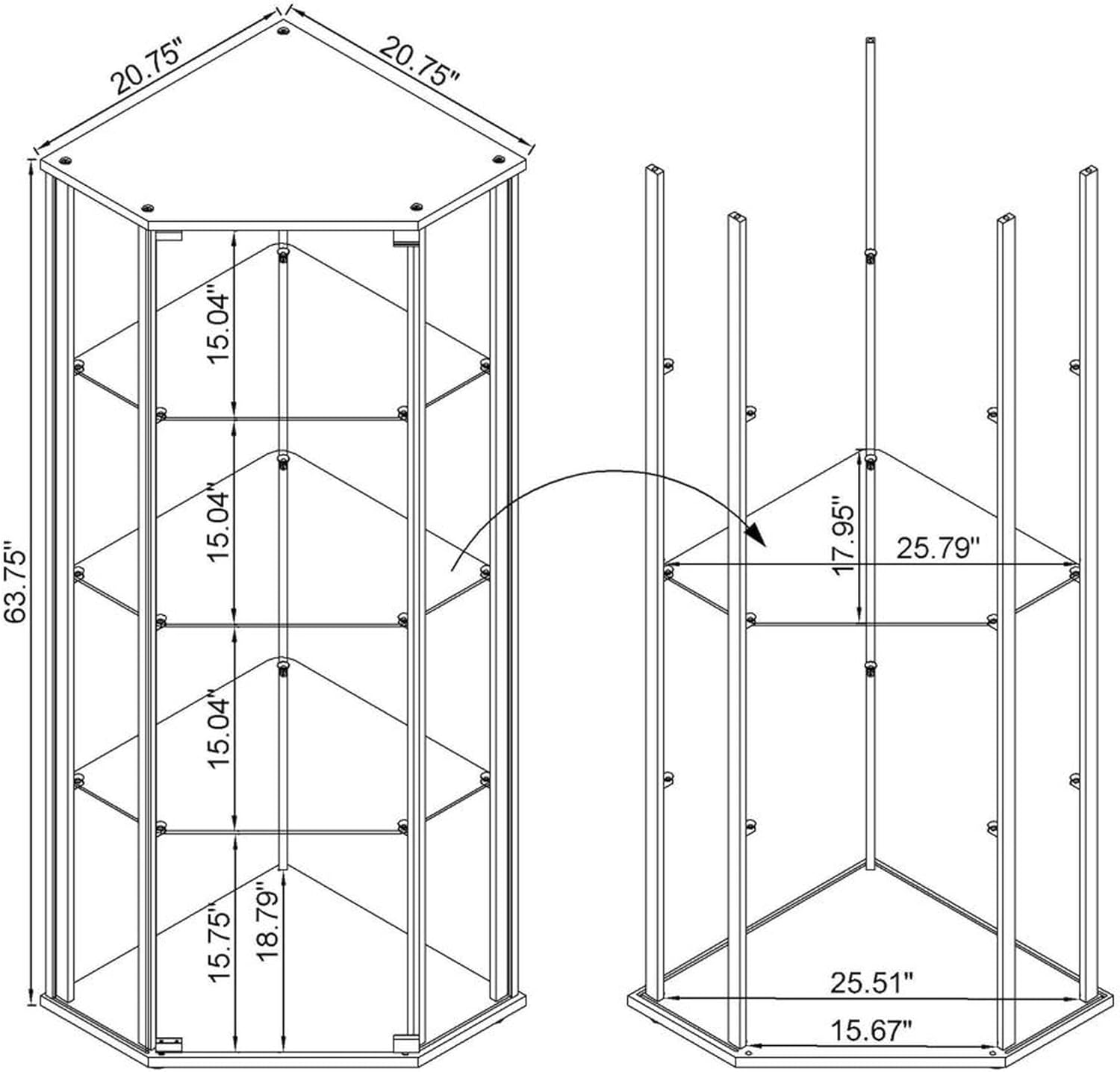 Modern Glass Corner Curio Cabinet, 5-Tier Display Case with Black Metal Frame, Triangular Design, Tempered Glass Shelves, 20.75 x20.75 x 63.75 Inches