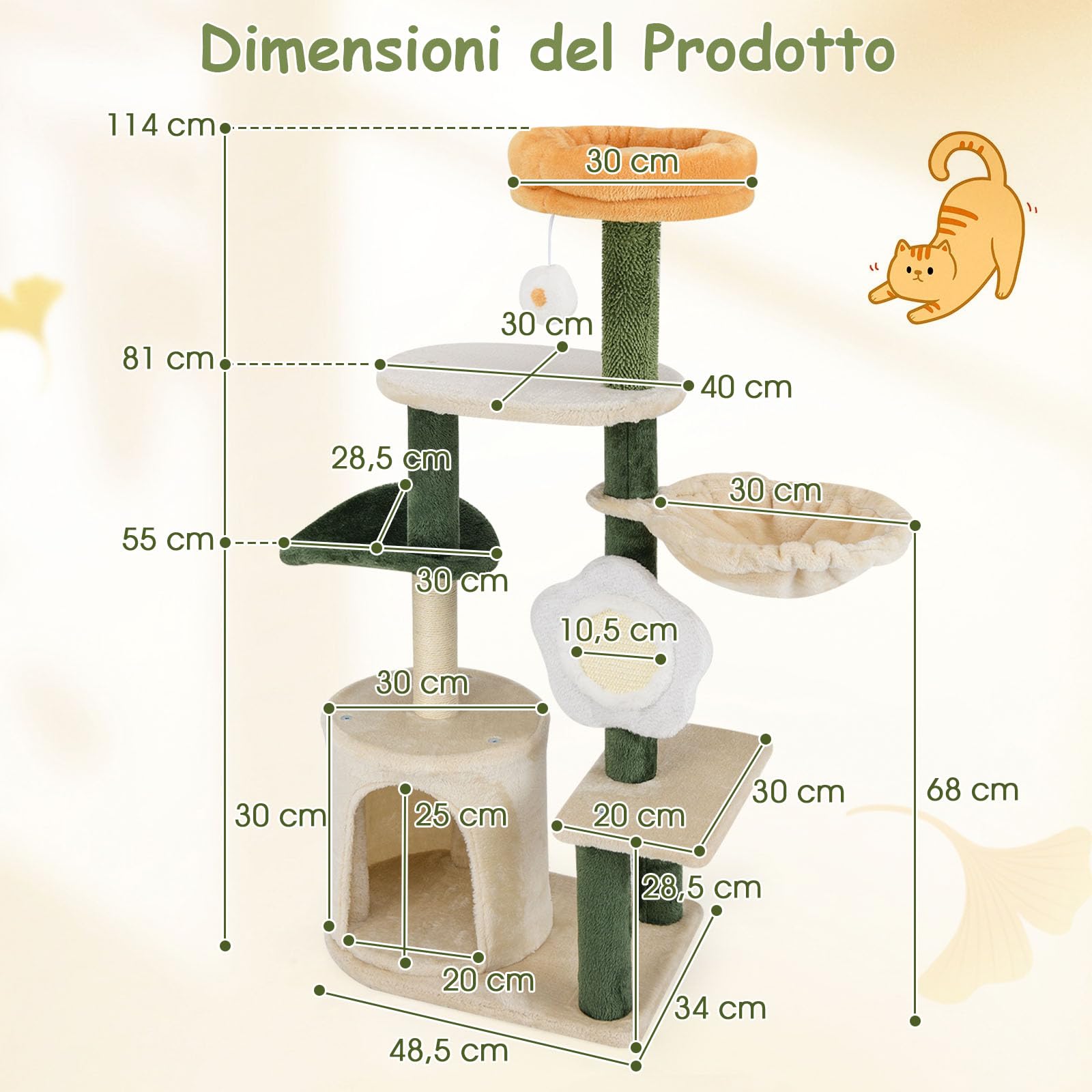 COSTWAY Tiragraffi per Gatto Alto 114 cm Forma di Fiore, Albero Tiragraffi Gatto con Amaca, Grotta e Palla Pompon, Torre Tiragraffi per Gatti con Pali e Tavola in Sisal, Verde e Beige