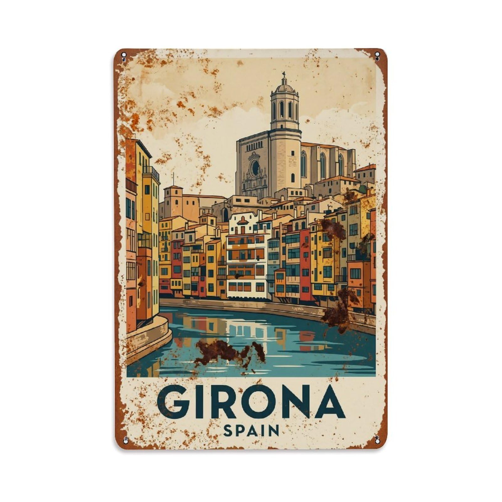 Cmhok Vintage Style Vintage Travel Girona Spain Metal Tin Sign Wall Decor For Cafe, Club, Garden Metal Poster 8X12inch