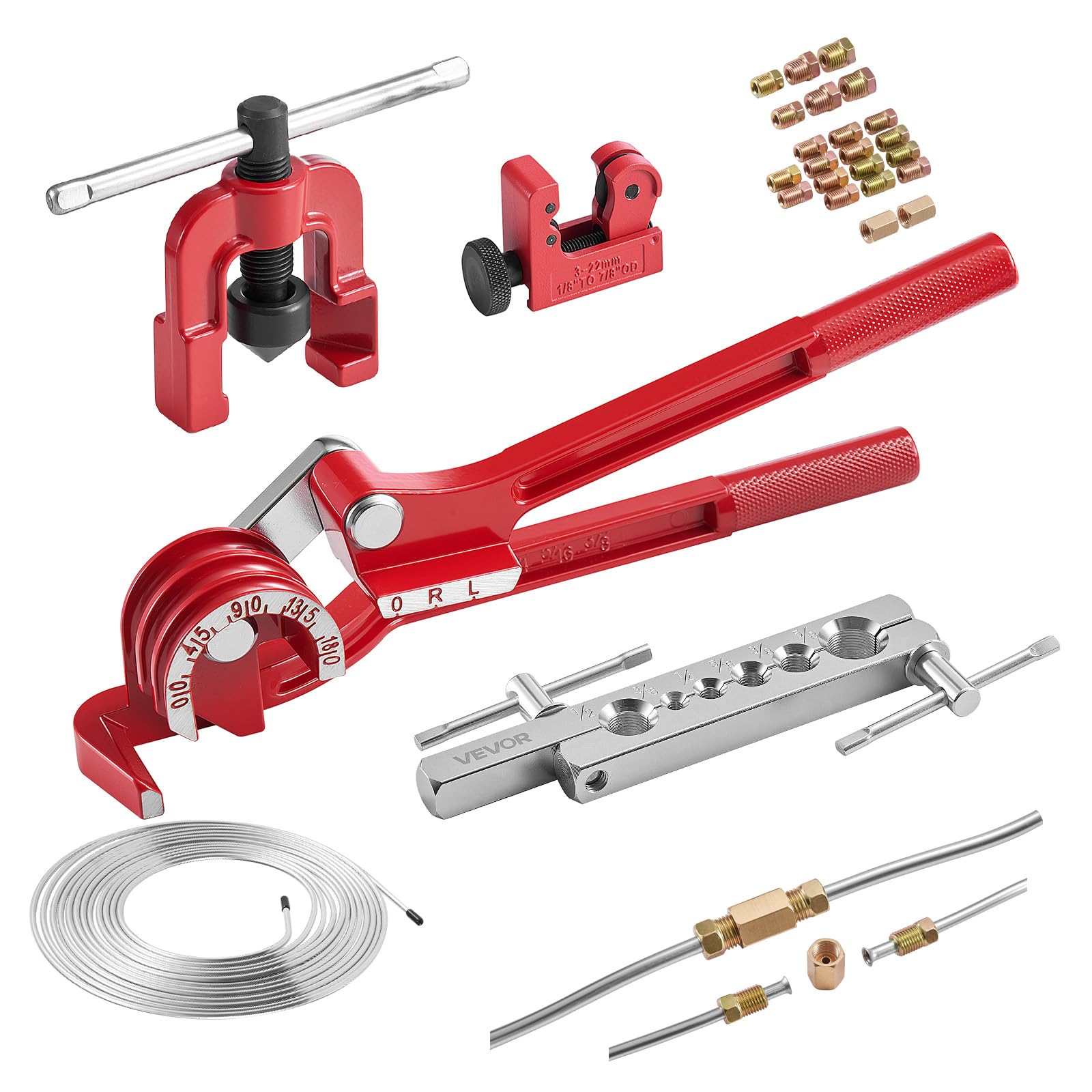 VEVOR Herramienta Abocardador Tubos de Freno, Kit de Reparación de Líneas de Freno 37 Grados para Tubo de Cobre de 4,76 x 15,87 mm, Dobladora de Tubos 3 en 1, Cortador de Tubos, 20 Racores, 2 Uniones