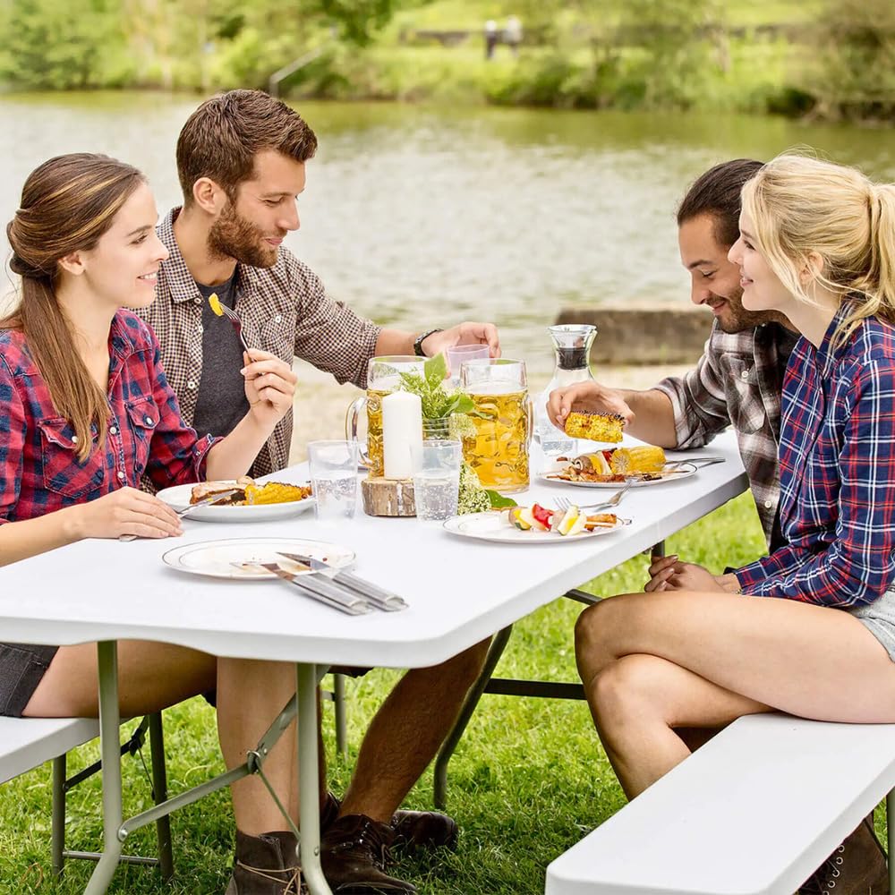 PALUPLUS Tavolo Pieghevole Rettangolare da Catering, Misura 180x71x74 cm, colore Bianco, Tavolo a Valigetta in Resina e Metallo, con maniglia, ideale per giardino, fiera, pic nic, campeggio -344F