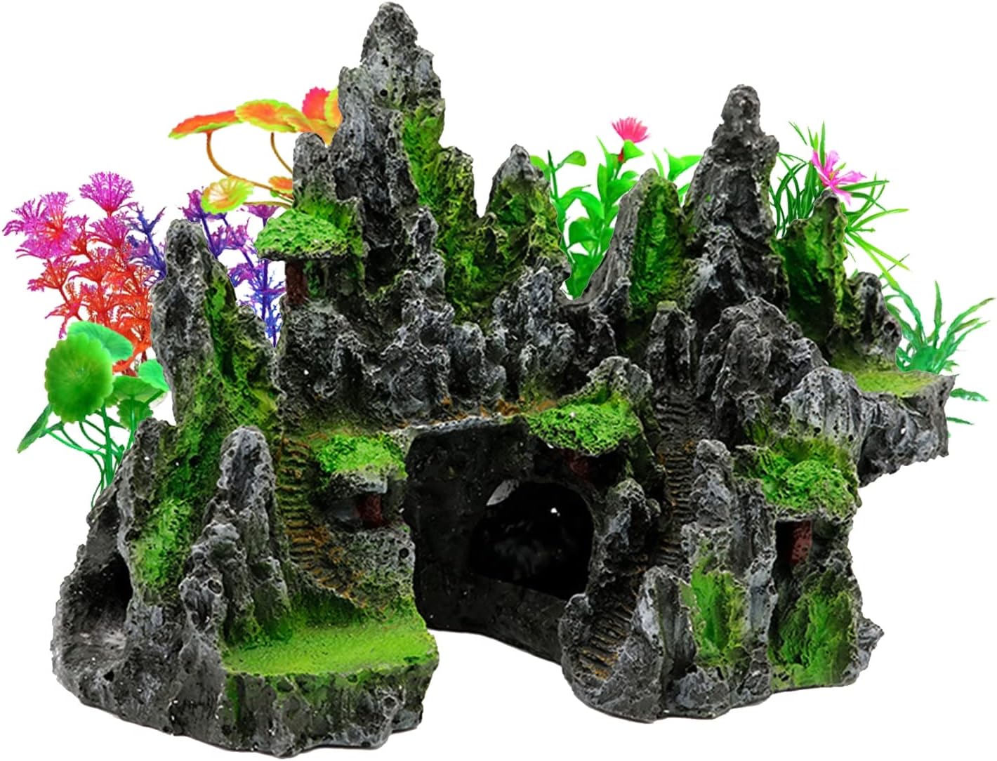 Aquarium Mountain View Stone Ornament Tree Rock Cave Resin Fish Tank Decoration with 10 Imitation Plastic Water Plants