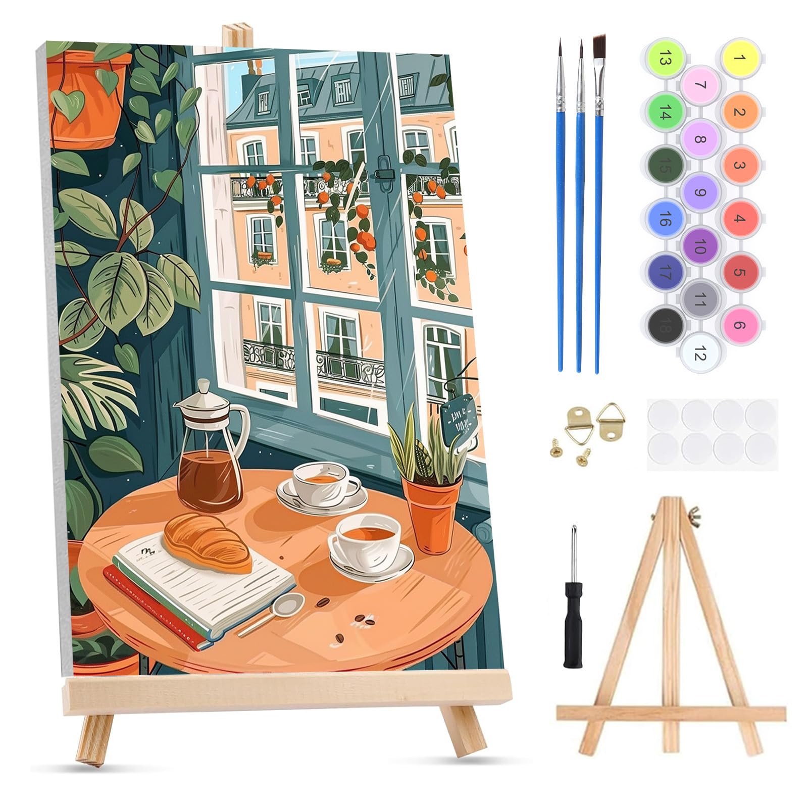 QENSPE Paint by Numbers for Adults on Framed Canvas - with Wooden Easel, Cityscape Painting by Number Kit for Beginners, DIY Coffee Shop Acrylic Oil Painting for Home Wall Decor 8x12 Inch