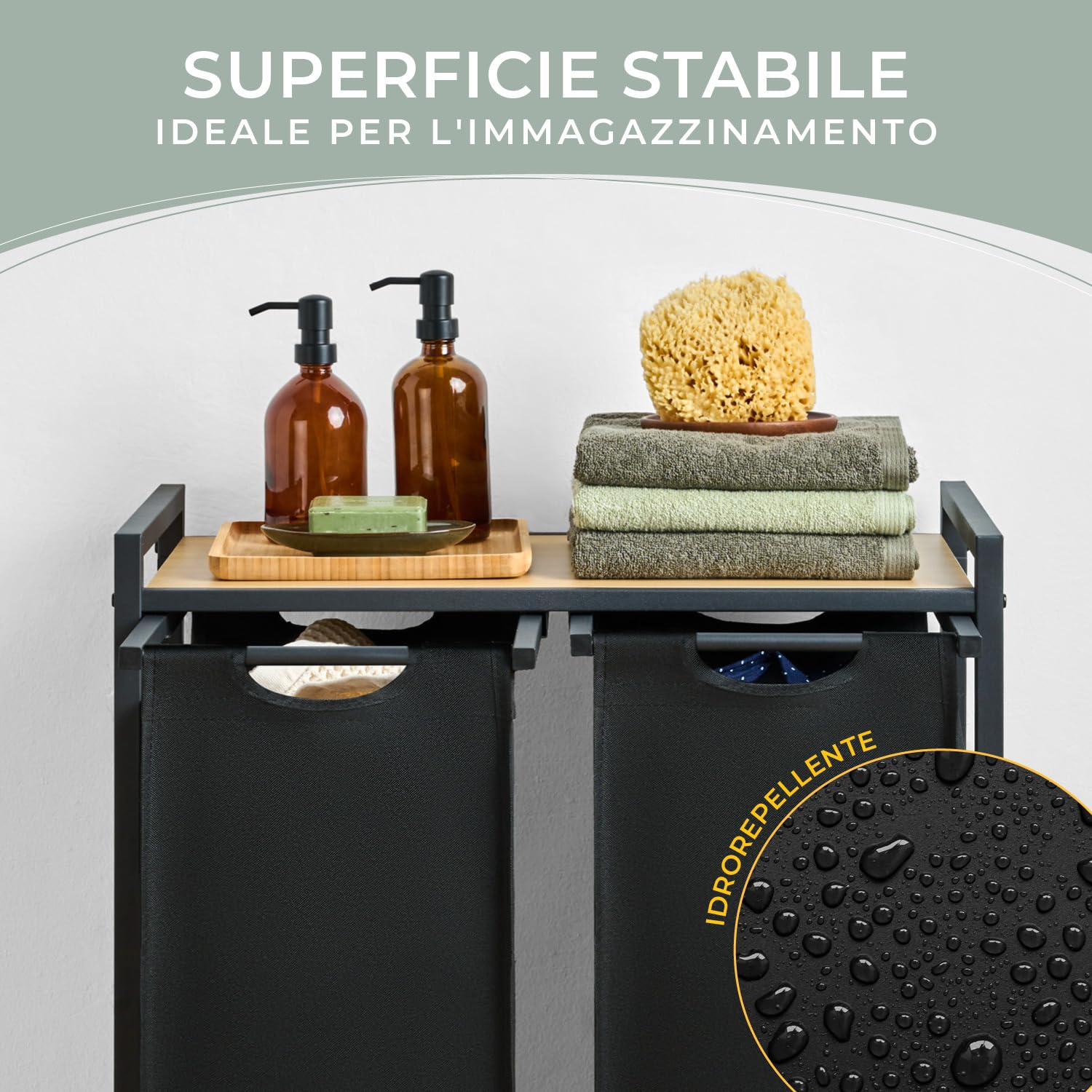Blumtal cesto biancheria sporca 2 scomparti in grigio per organizzare - cesta portabiancheria design scomparti estraibili con ripiano superiore in materiale effetto cemento - struttura in metallo nero