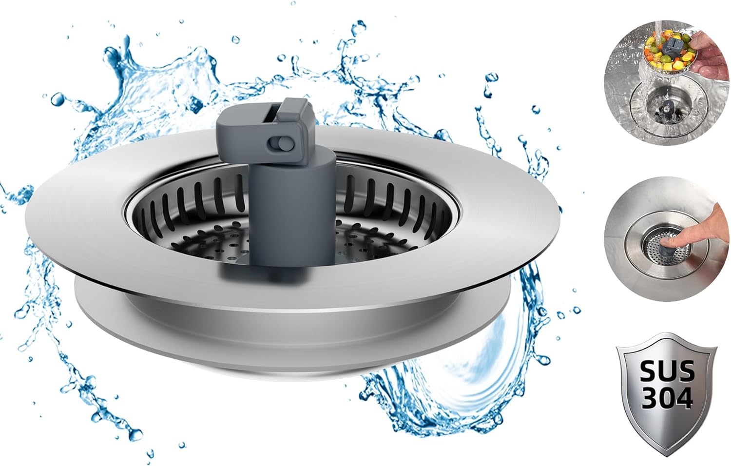 Hibbent 3 in 1 Kitchen Sink Drain Strainer, Stainless Steel Drain Stopper Combo, Pop Up Sink Stopper, Anti-Clogging Metal Basket Strainer with Handle for US Standard 3-1/2" Drain 1 SUS304 Drain Part with SUS304 Strainer