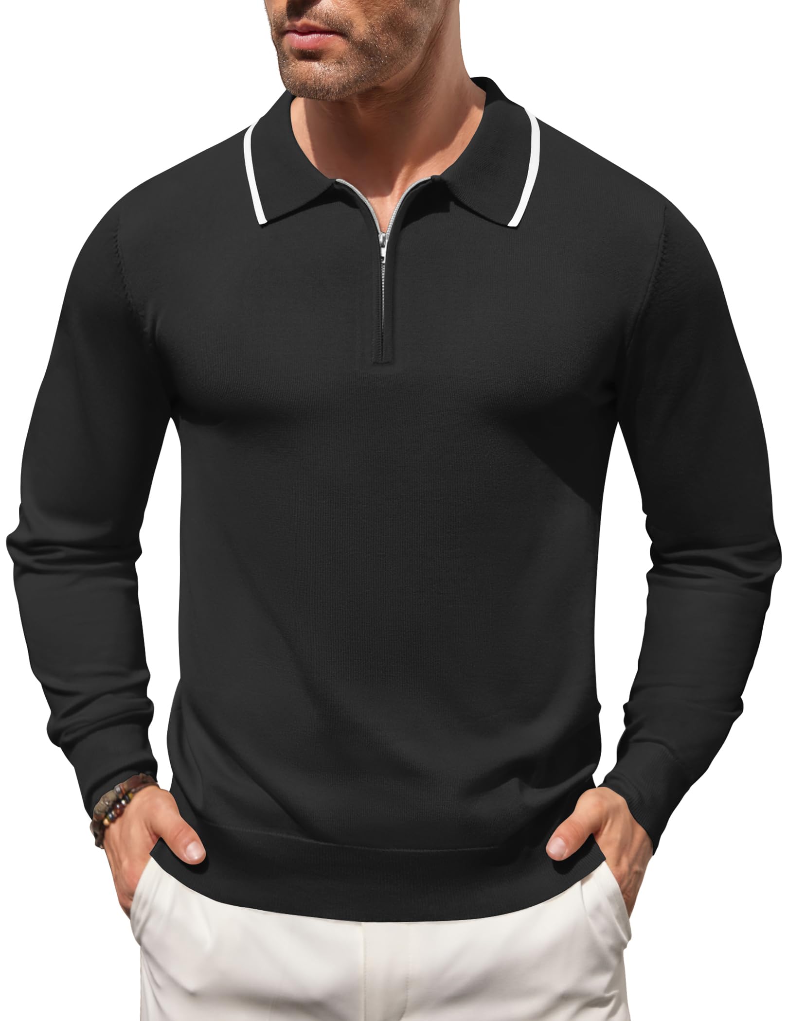 Men's Knit Polo Shirt Long Sleeve Quarter Zip Polo Sweater Casual Golf Shirts Vintage Striped Collar Polo