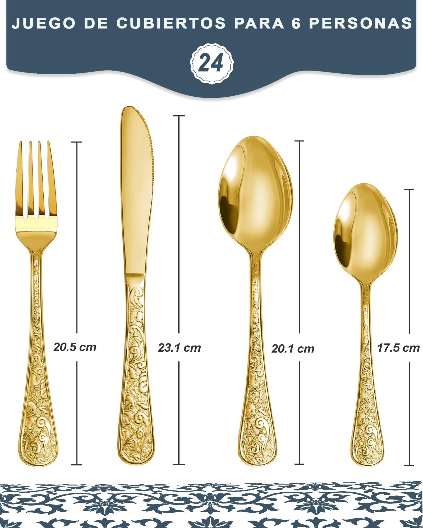 Juego de cubiertos oro para 6 personas, estilo retro tallado y moderno en relieve. Juego de cubiertos de acero inoxidable de 24 piezas. Incluye cuchillos, tenedores y cucharas