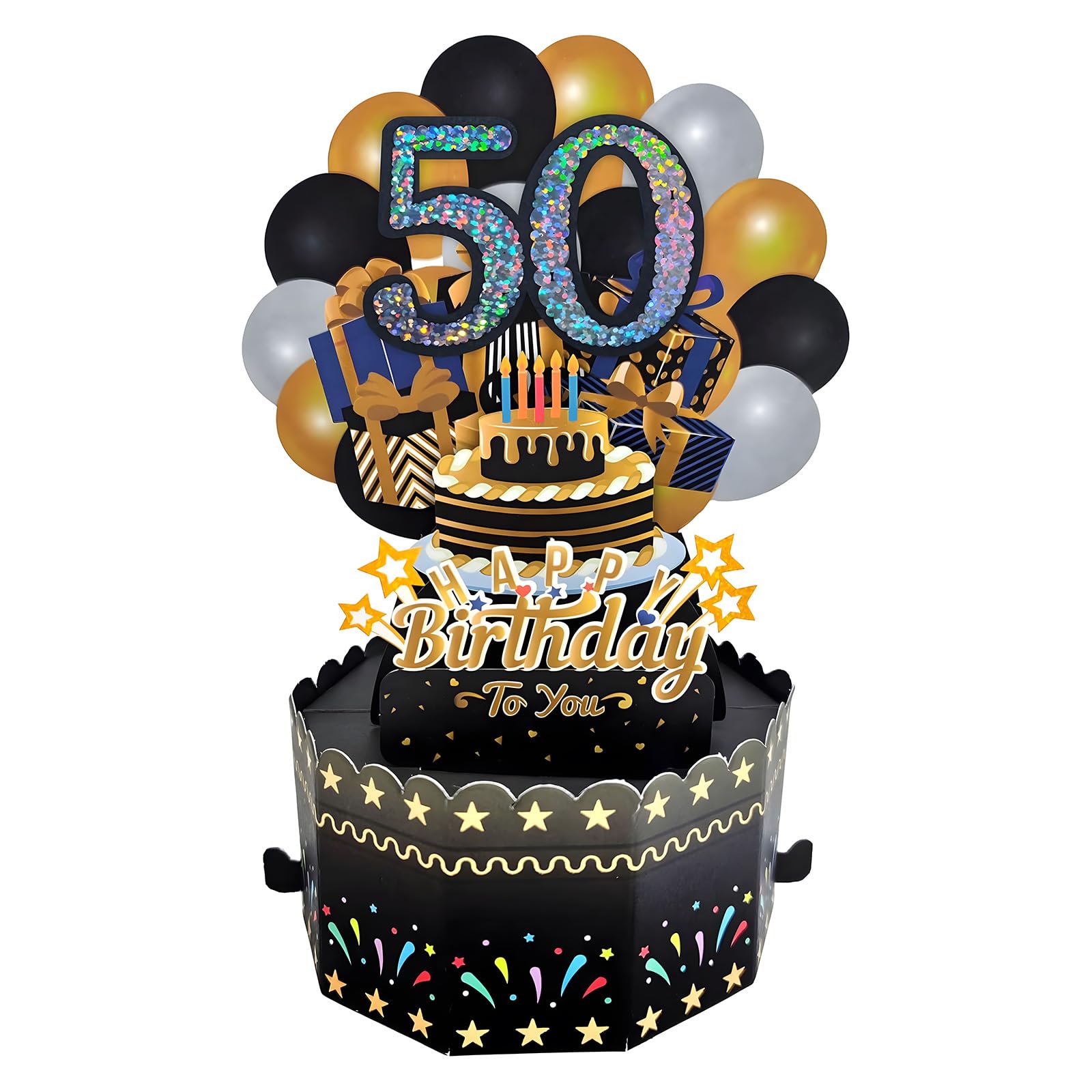 3D Happy Birthday Card Pop Up Birthday Greeting Cards for Women Men Pop Up Birthday Cake Cards with Envelop and Message Card for Wife Mom Gril Daughter Friends (50th)