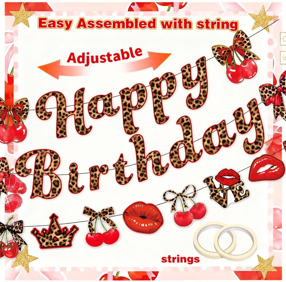 Cheetah Cherry Birthday Party Decoration Set, Happy Birthday Leopard Banner, Lipstick/Crown/Cherry Printed Balloons, Cake Toppers, Themed Party Decor Sulpplies for Girls Women (Cheetah Printed) - Image 5