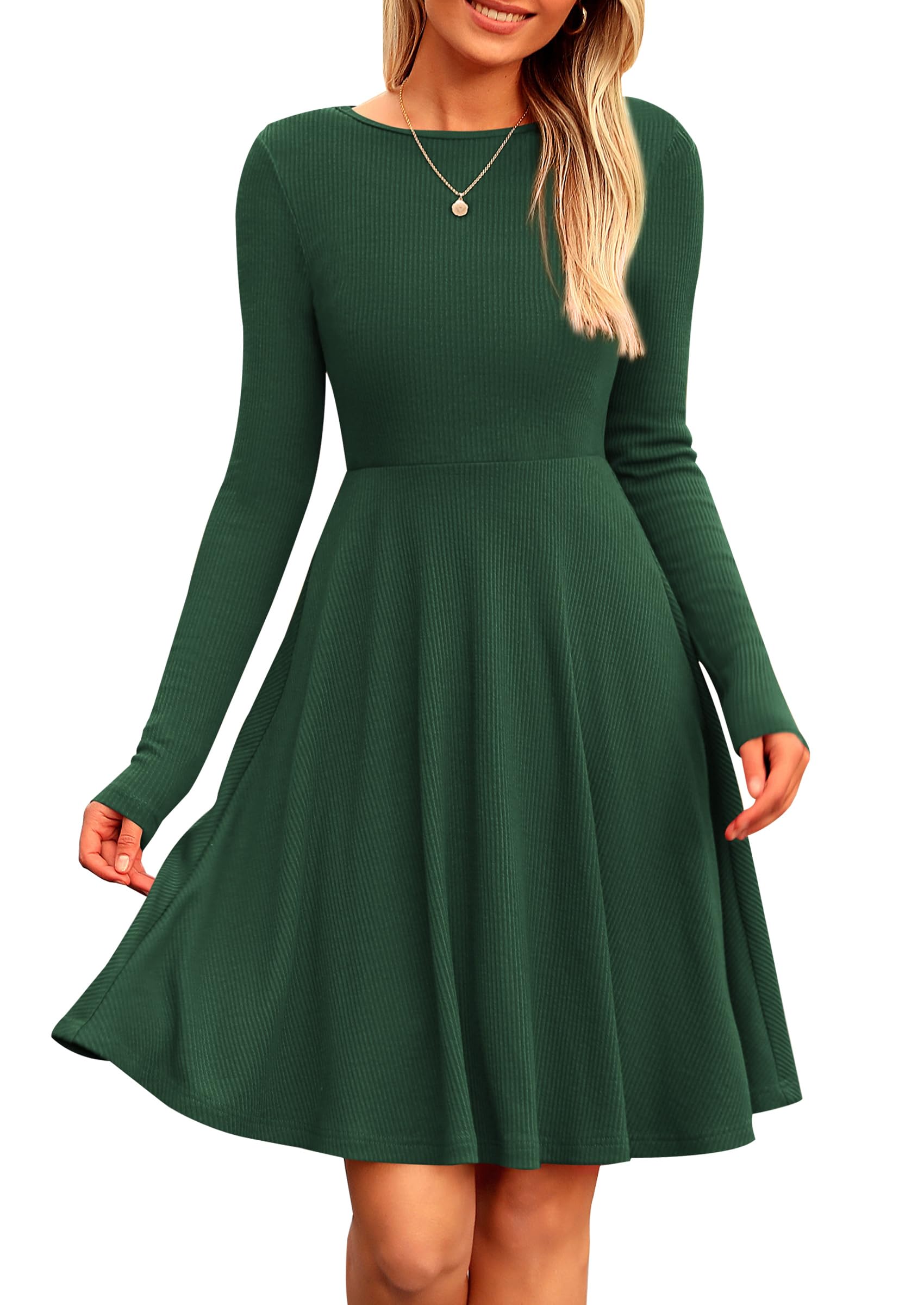 PRETTYGARDEN Women's Spring Fall Short Dress Ribbed Knit Crewneck Long Sleeve A Line Flowy Casual Elegant Going Out Dresses