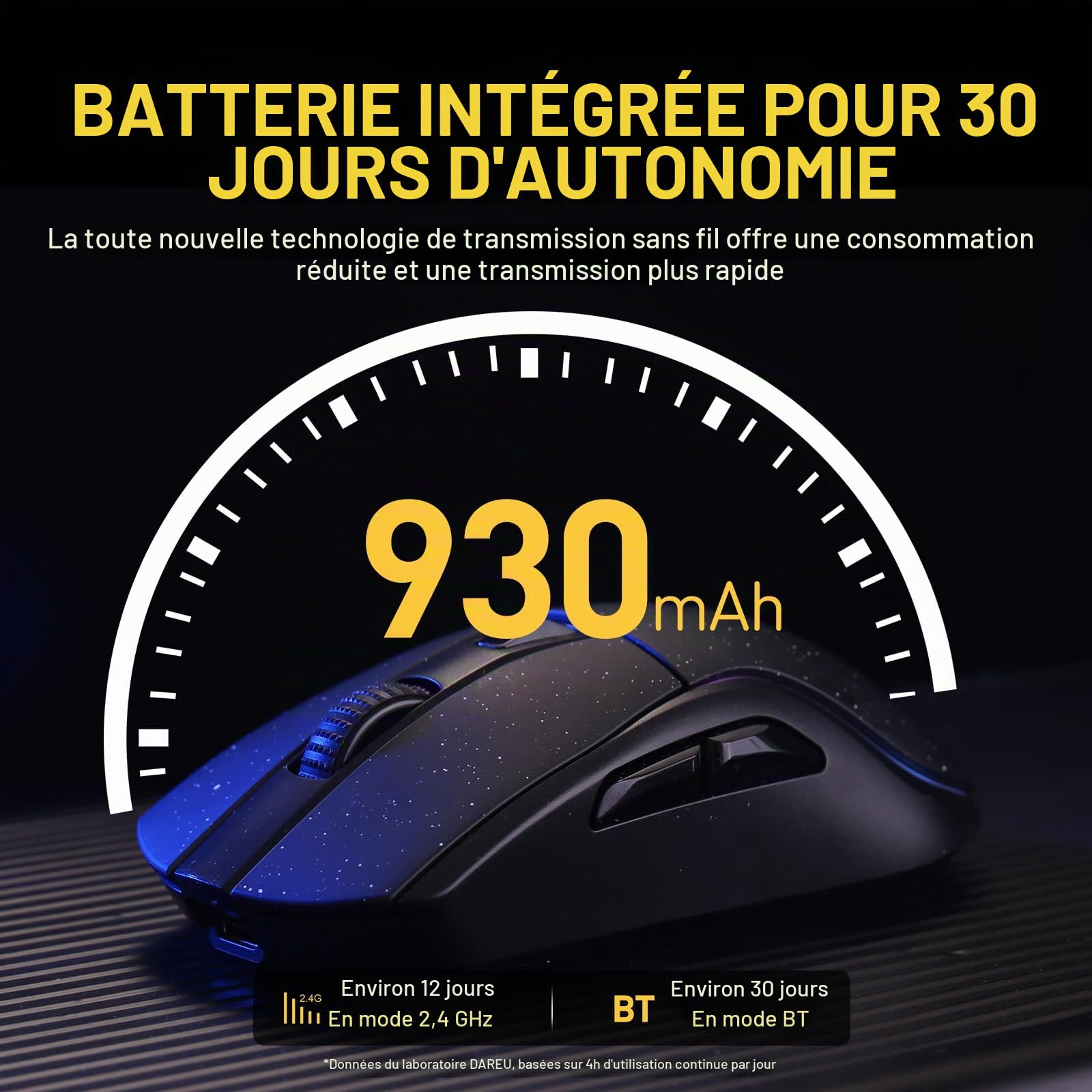 DAREU A950 Souris Gamer sans Fil RGB avec Station de Charge, Souris sans Fil 2.4G/Filaire/BT, 12K DPI, 1000 Hz, Programmable, 88g Léger, 120 Heures de Jeu avec Rétro-éclairage RGB pour PC Mac (Noir)