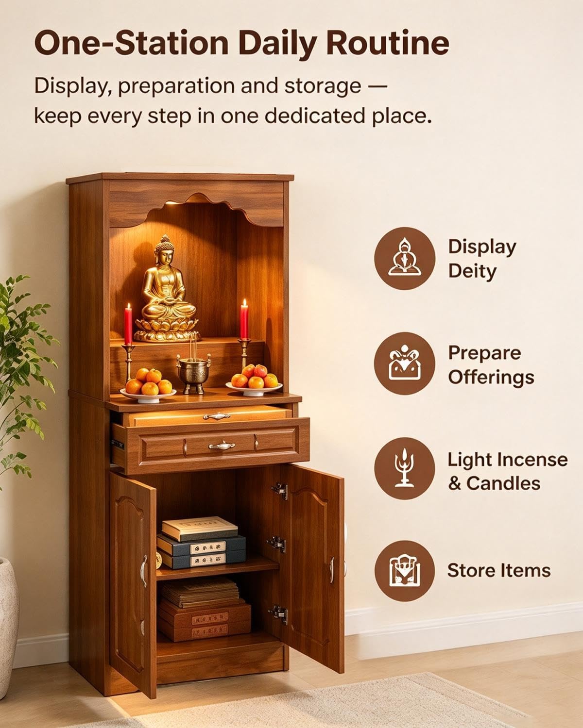 Meuble-autel/Pooja Mandir pour La Maison : Meuble avec Plateau Coulissant pour Les Rituels, Idéal pour La Prière Quotidienne, L'encens Et Les Offrandes