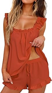 Womens Pajamas Set 2 Piece Ruffle Pj Soft Tank Top and Shorts Sleepwear Set Bridal Pajama for Women Set