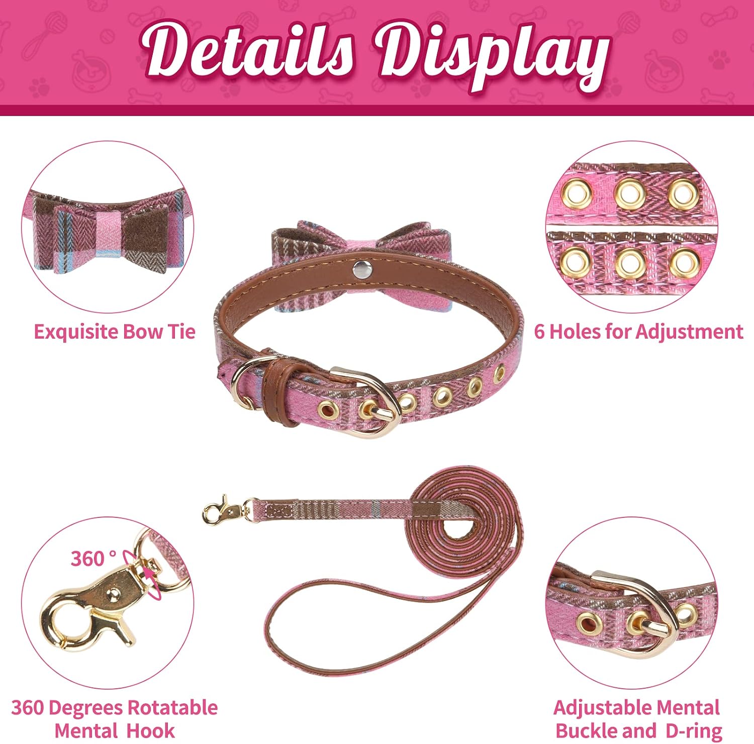 BINGPET Bow Tie Dog Collar with Leash Set - Cute Adjustable Classic Plaid Dog Bandana Collar with Bell, Fit for Medium Dogs, Puppies and Cats Outdoor Walking